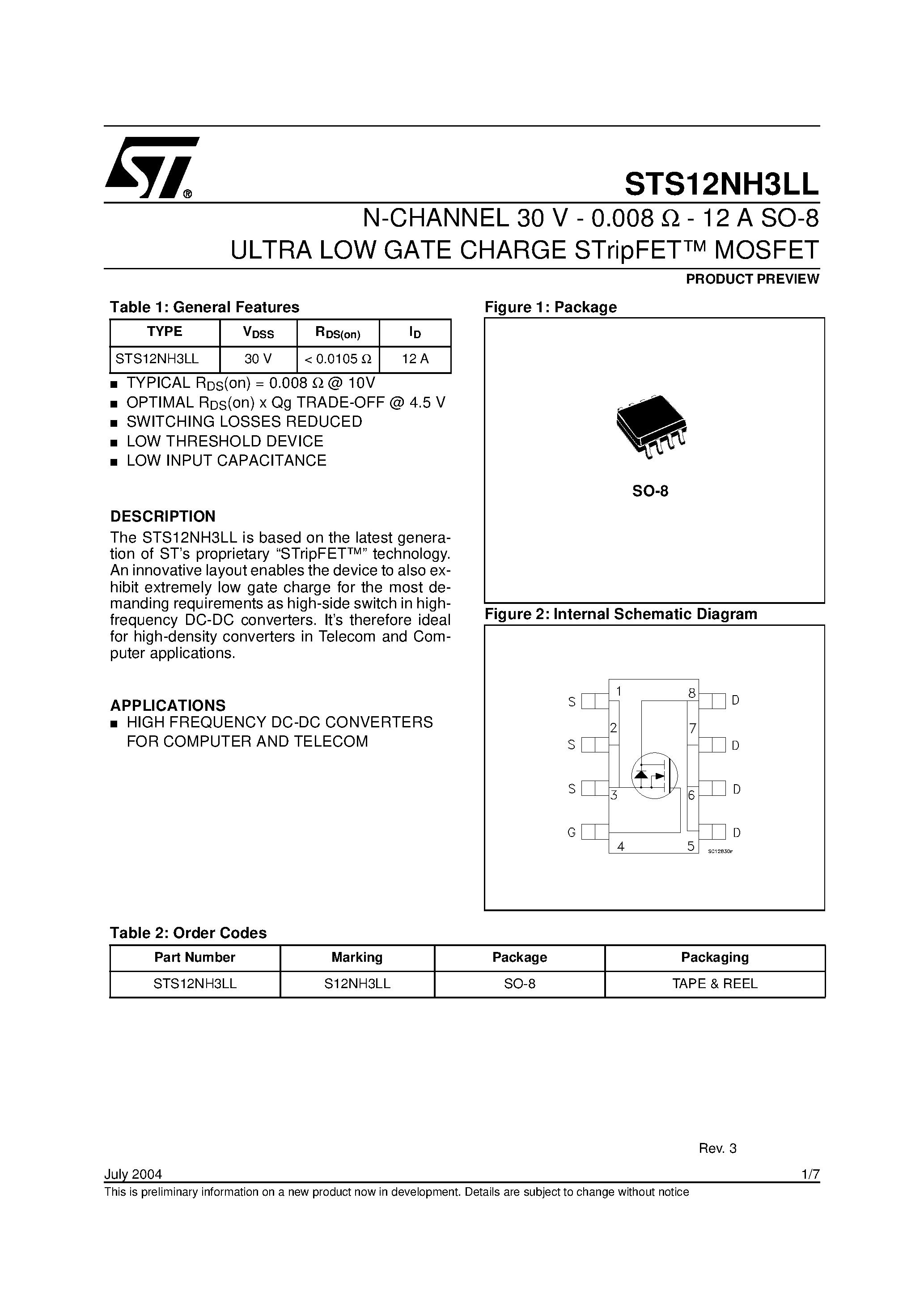 Datasheet STS12NH3LL - N-CHANNEL PowerMESH MOSFET page 1