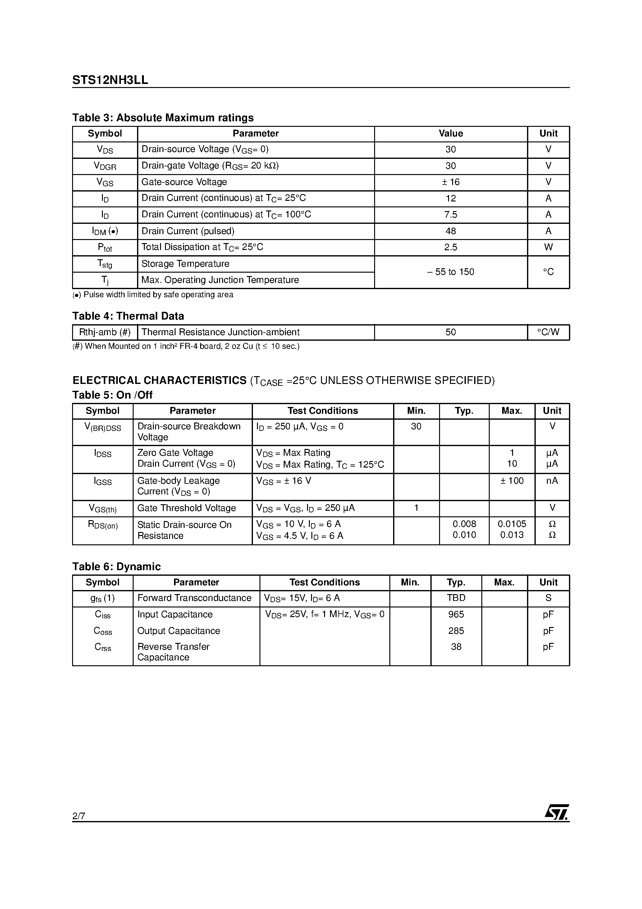 Datasheet STS12NH3LL - N-CHANNEL PowerMESH MOSFET page 2
