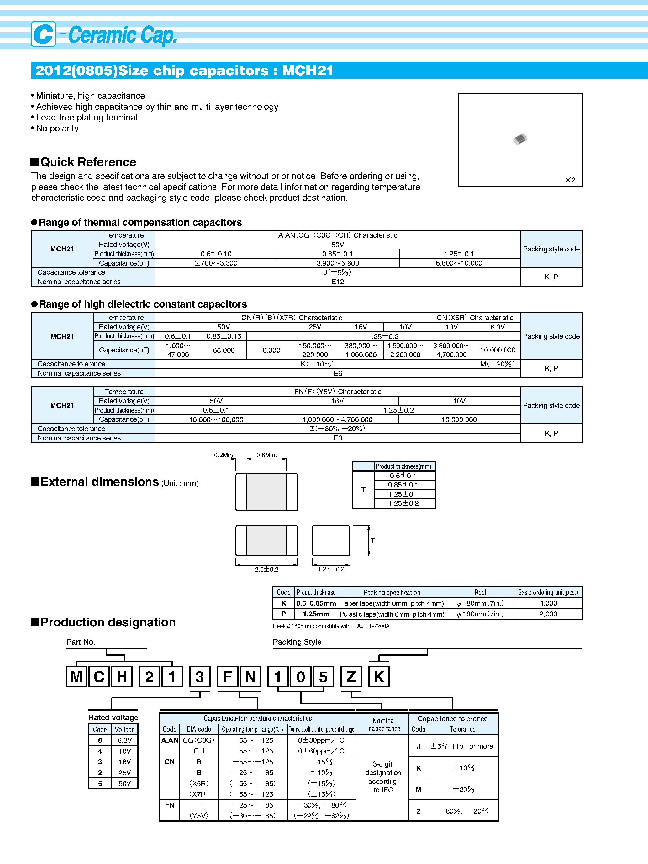 Datasheet MCH2xxx - 2012(0805)Size chip capacitors : MCH21 page 1