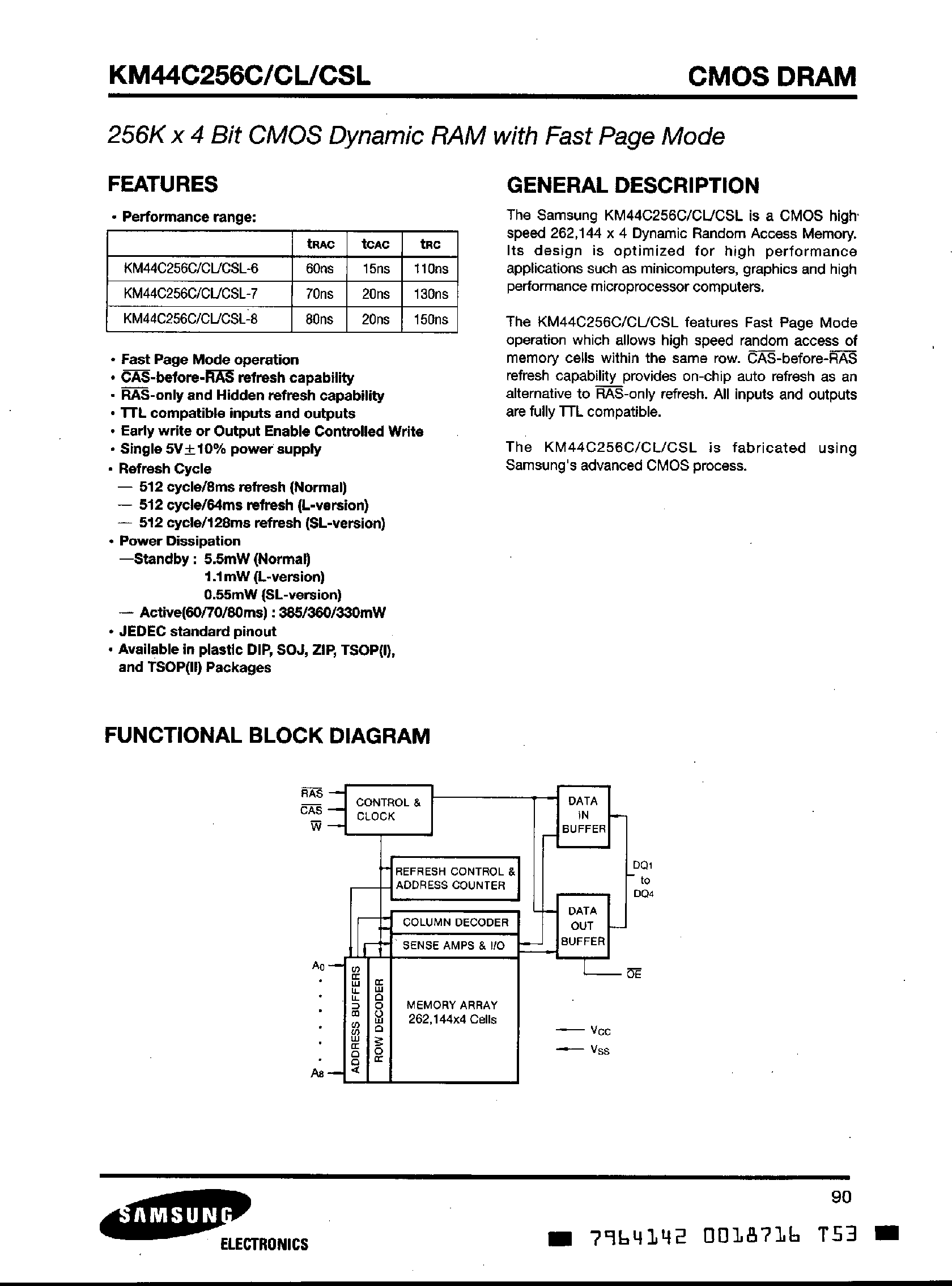 Даташит на микросхему KM44C256C страница 1 Даташит KM44C256C - 256k x 4Bit CMOS DRAM with Fast Page Mode страница 1