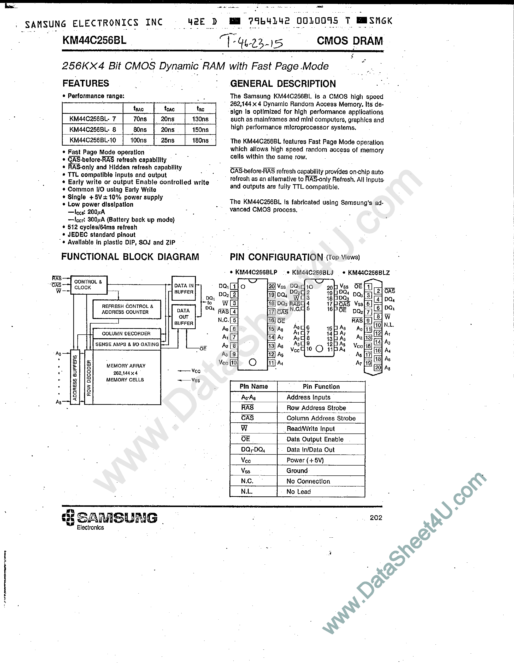 Даташит KM44C256BL - 256k x 4Bit CMOS DRAM with Fast Page Mode страница 1