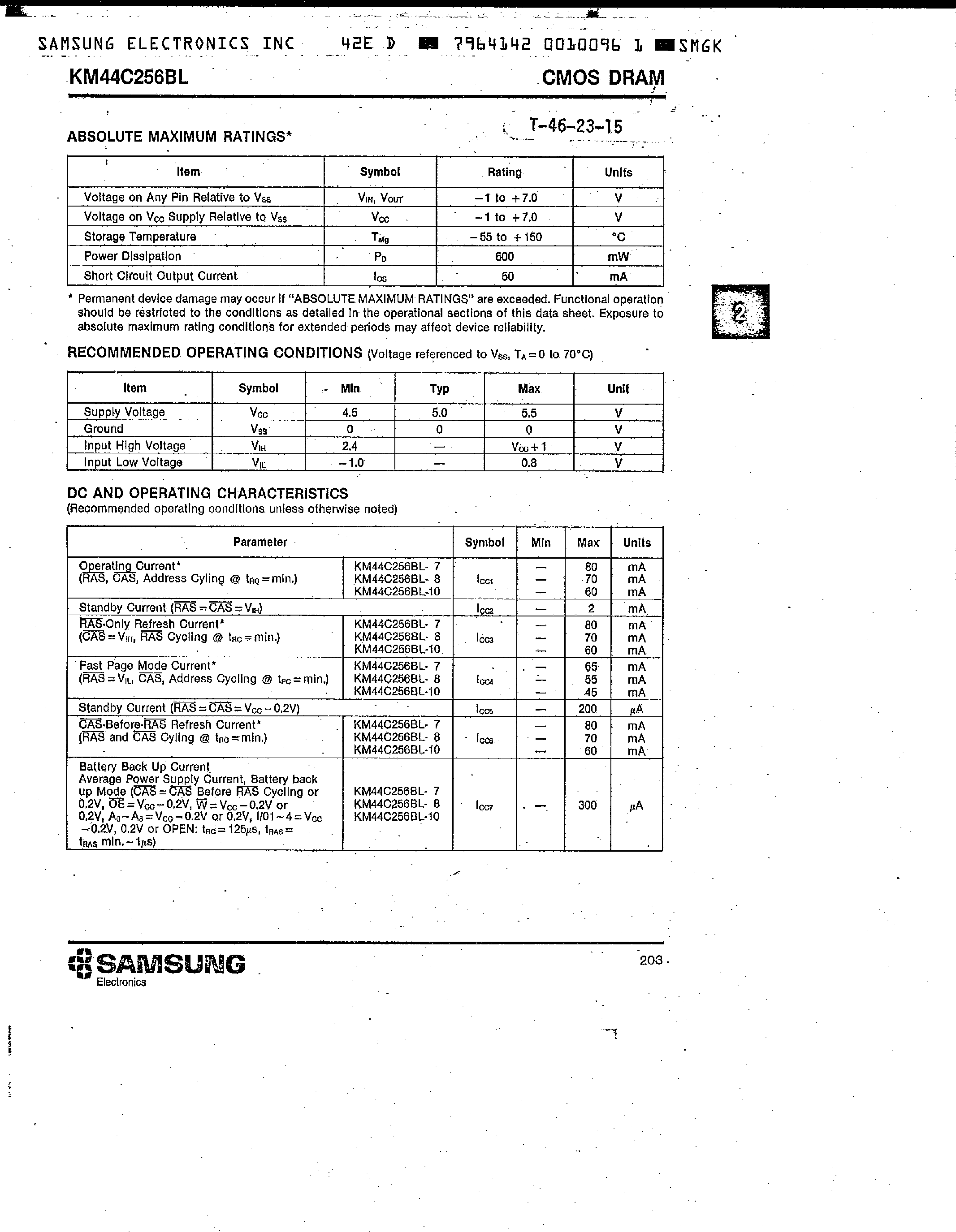 Даташит KM44C256BL - 256k x 4Bit CMOS DRAM with Fast Page Mode страница 2