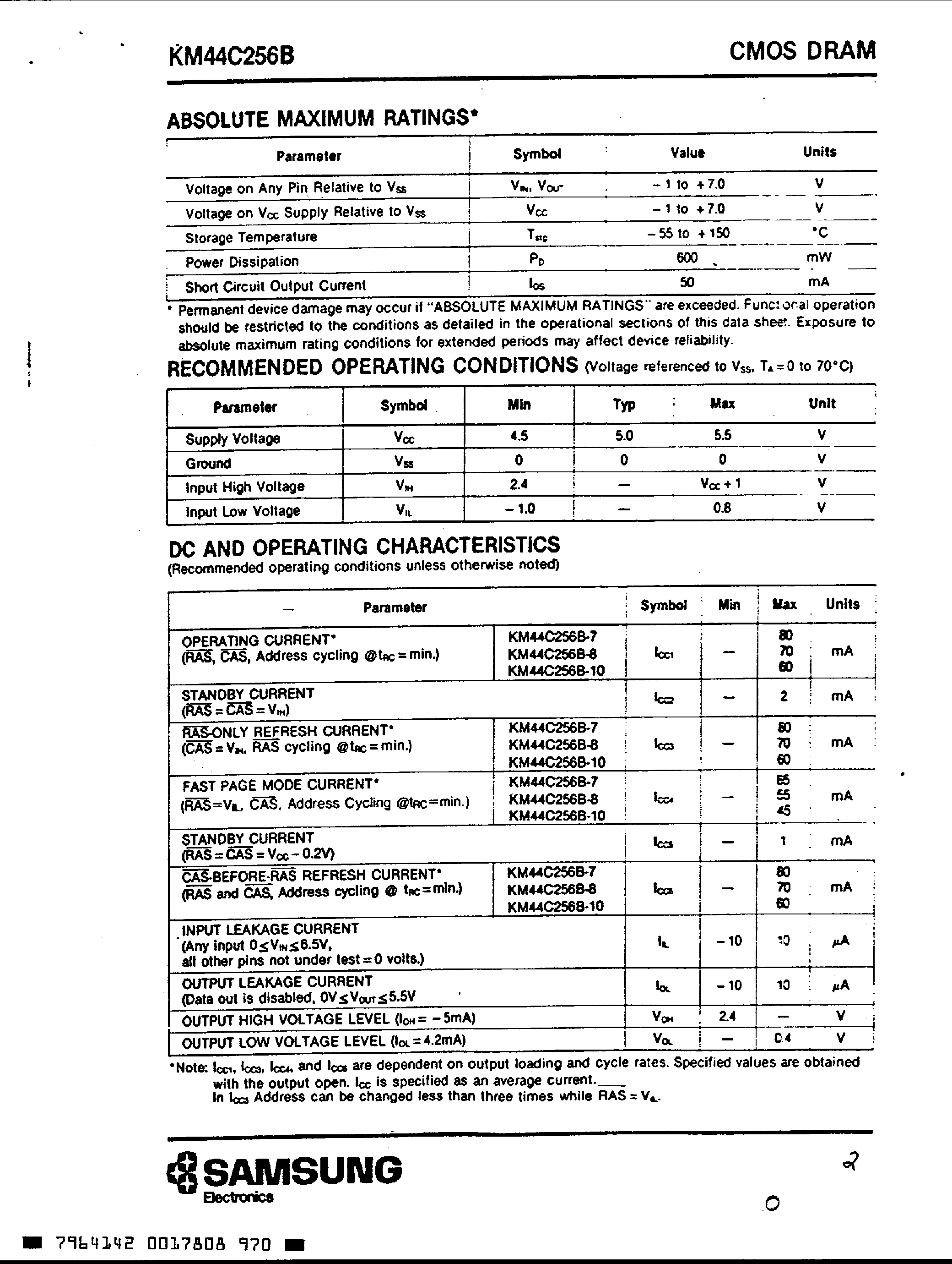 Даташит KM44C256B - 256k x 4Bit CMOS DRAM with Fast Page Mode страница 2