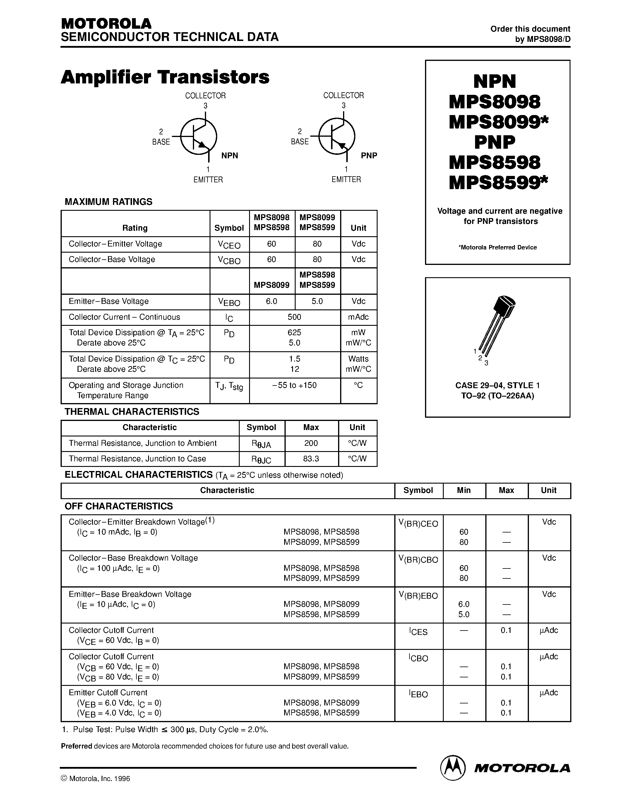 Даташит на микросхему MPS8099 страница 1 Даташит MPS8099 - Amplifier Transistors страница 1