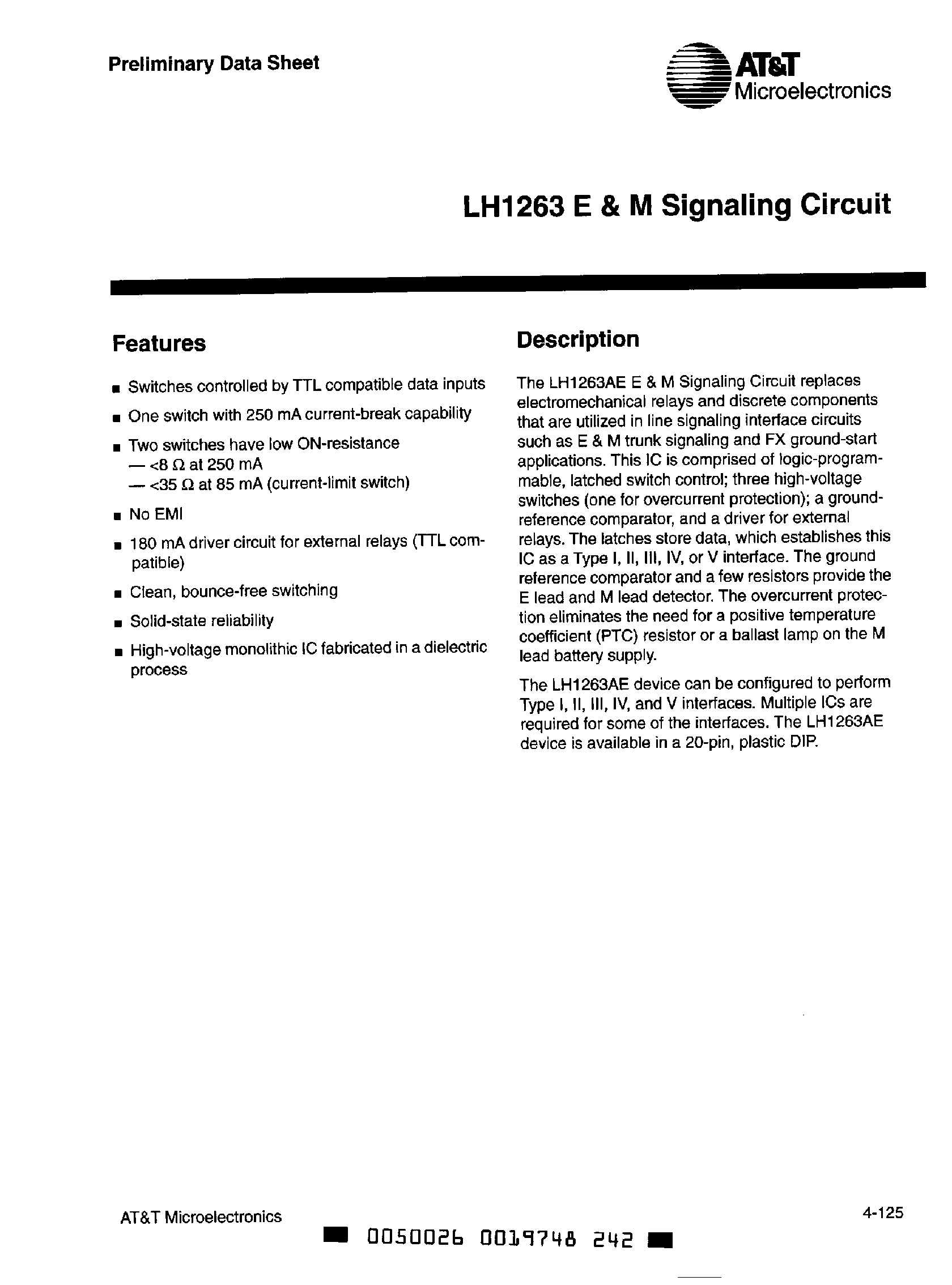 Datasheet LH1263 - E & M Signaling Circuit page 1