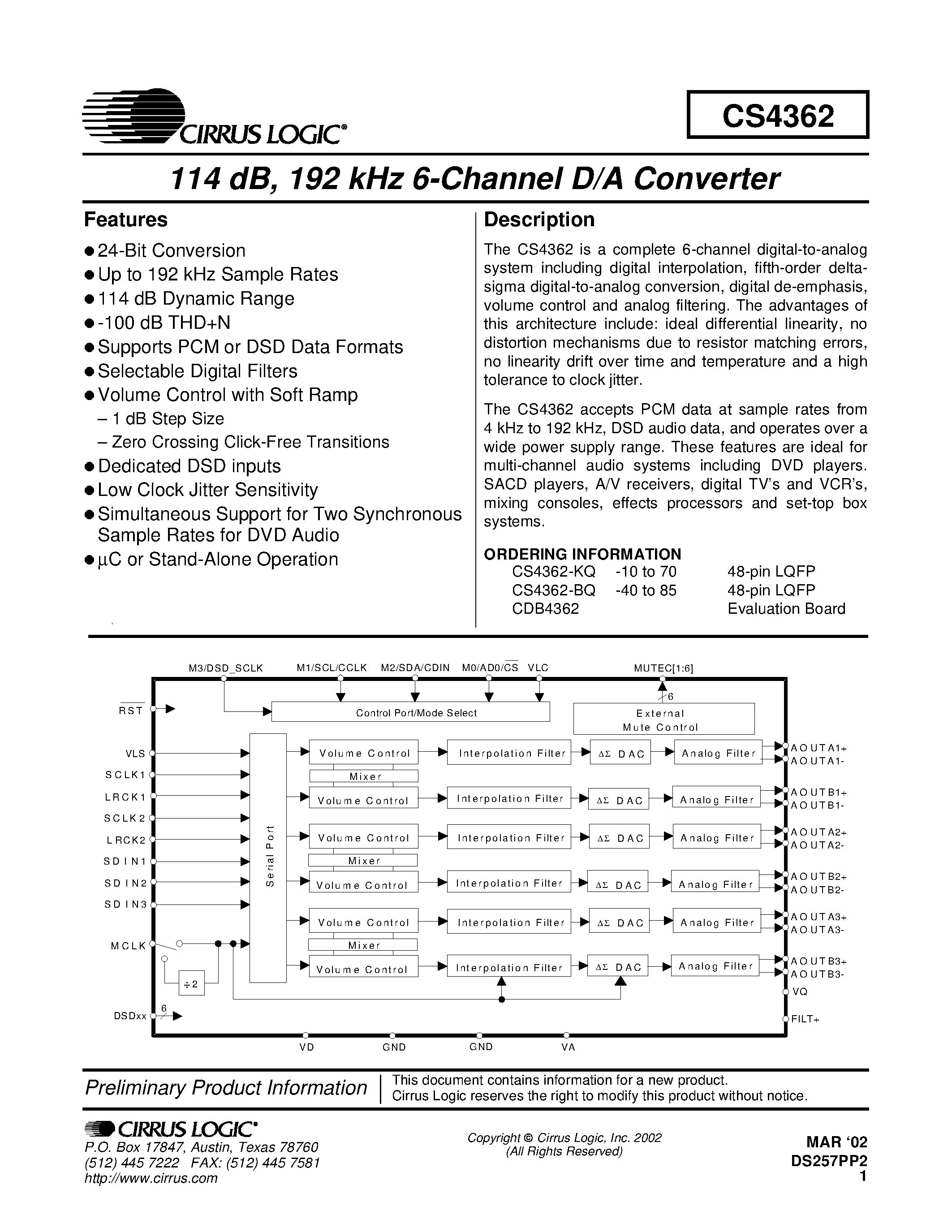 Datasheet CS4362 - 114 dB / 192 kHz 6-Channel D/A Converter page 1