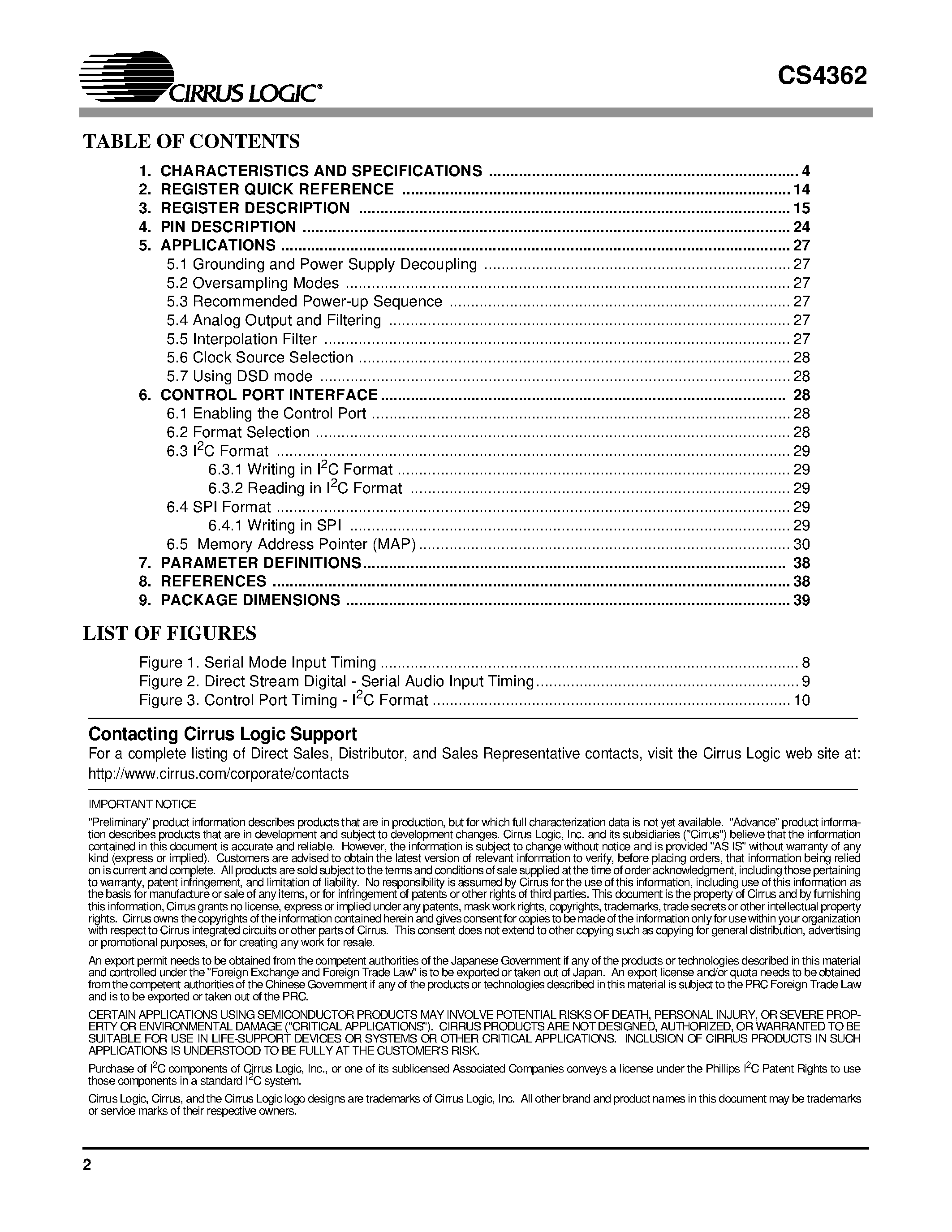 Datasheet CS4362 - 114 dB / 192 kHz 6-Channel D/A Converter page 2