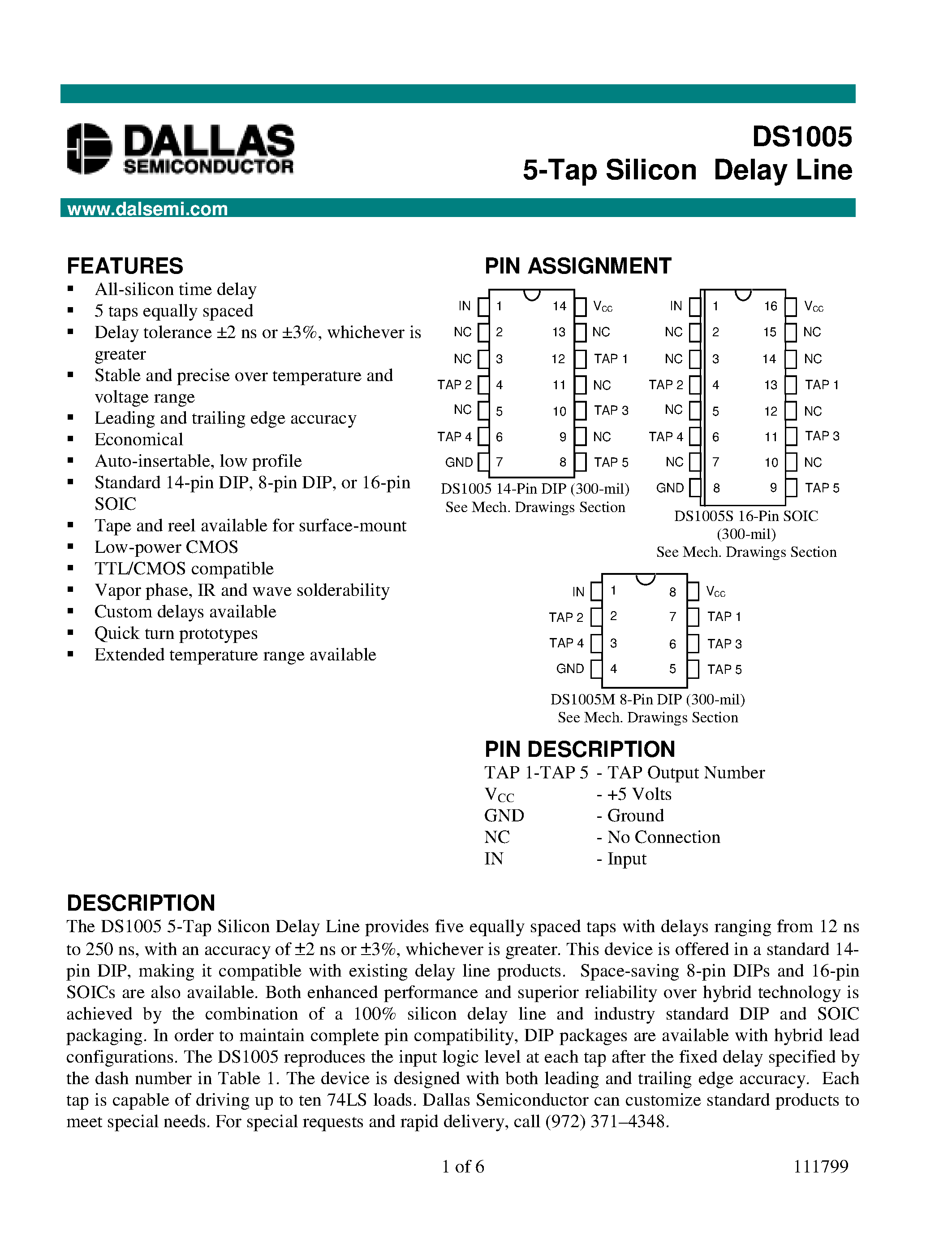 Datasheet DS1005 - 5-Tap Silicon Delay Line page 1