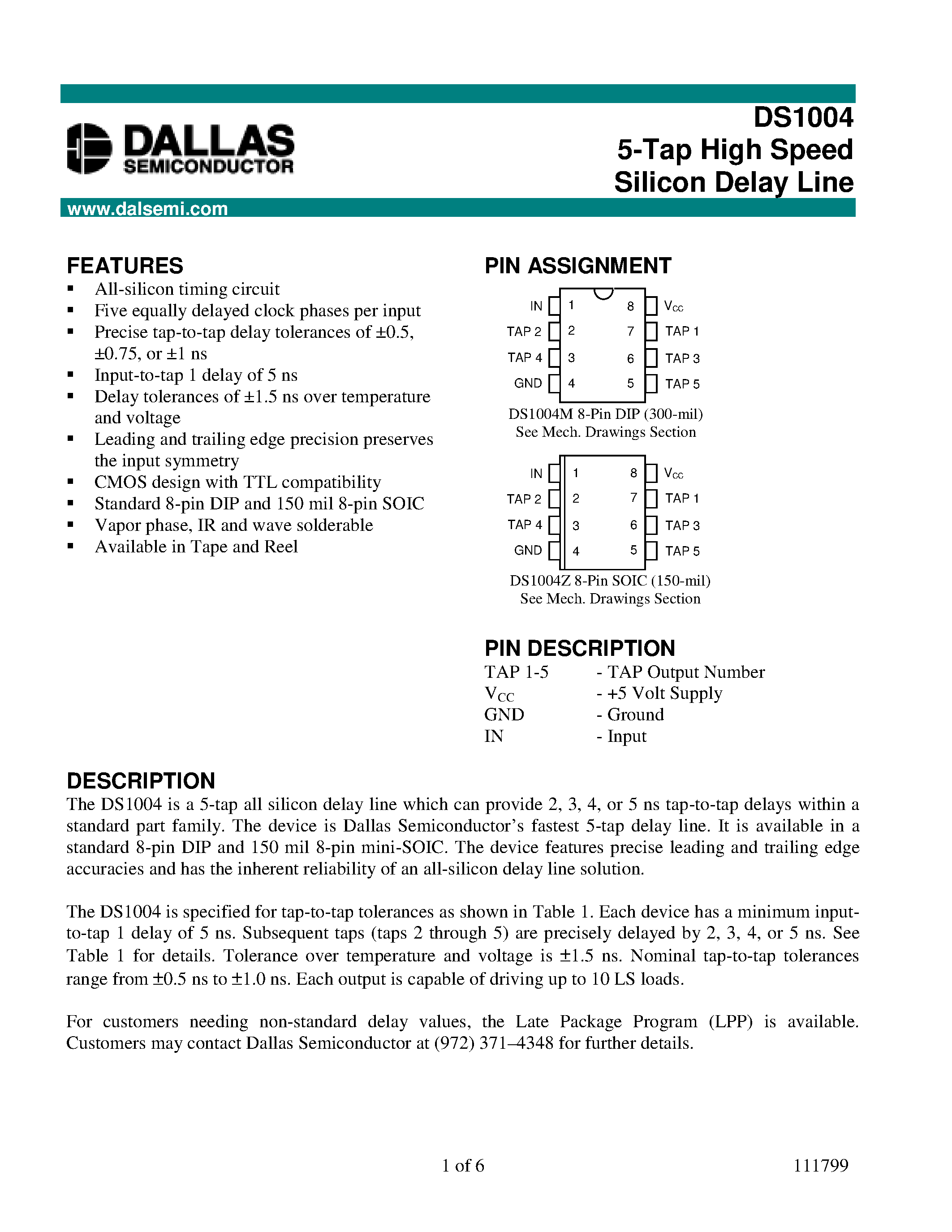 Datasheet DS1004 - 5-Tap High Speed Silicon Delay Line page 1