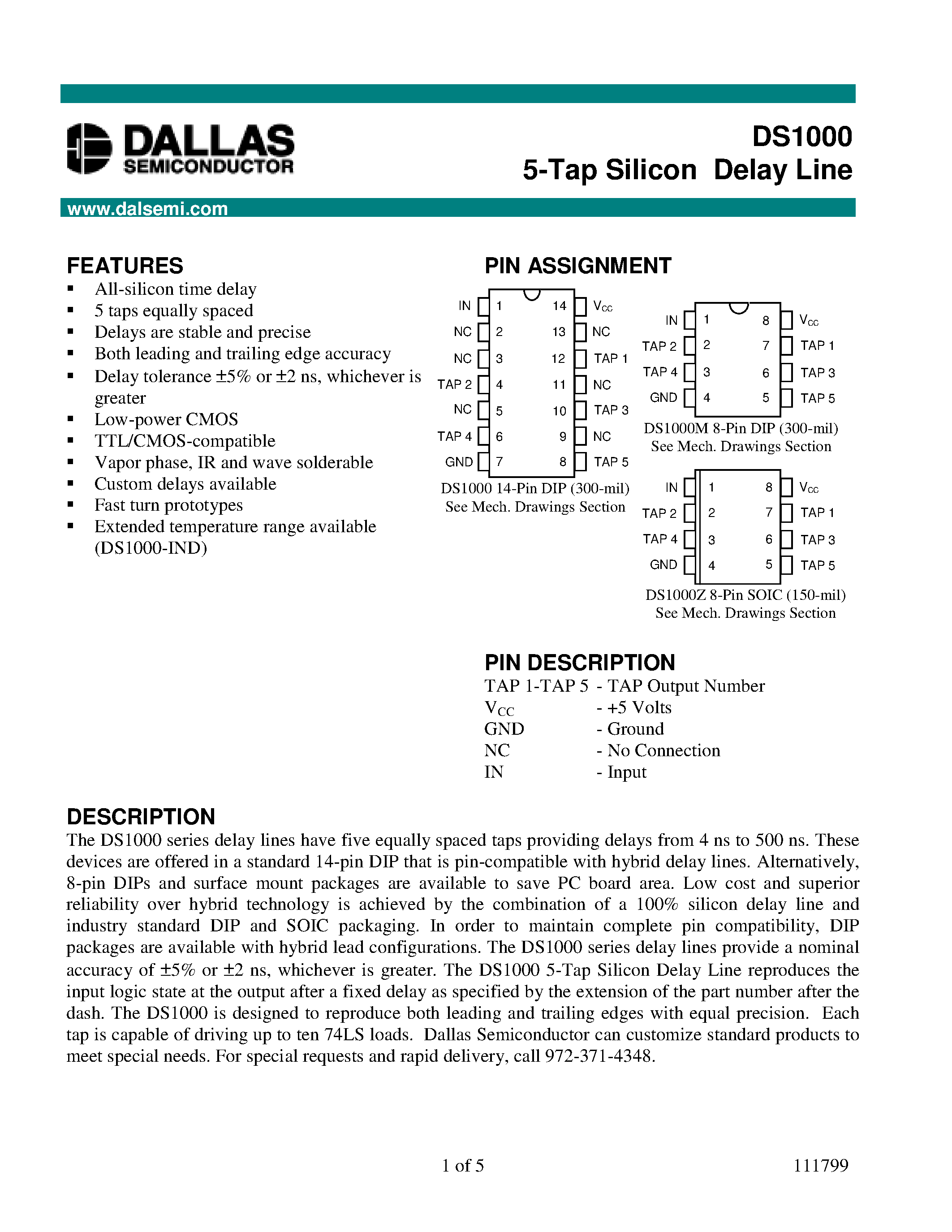 Datasheet DS1000 - 5-Tap Silicon Delay Line page 1