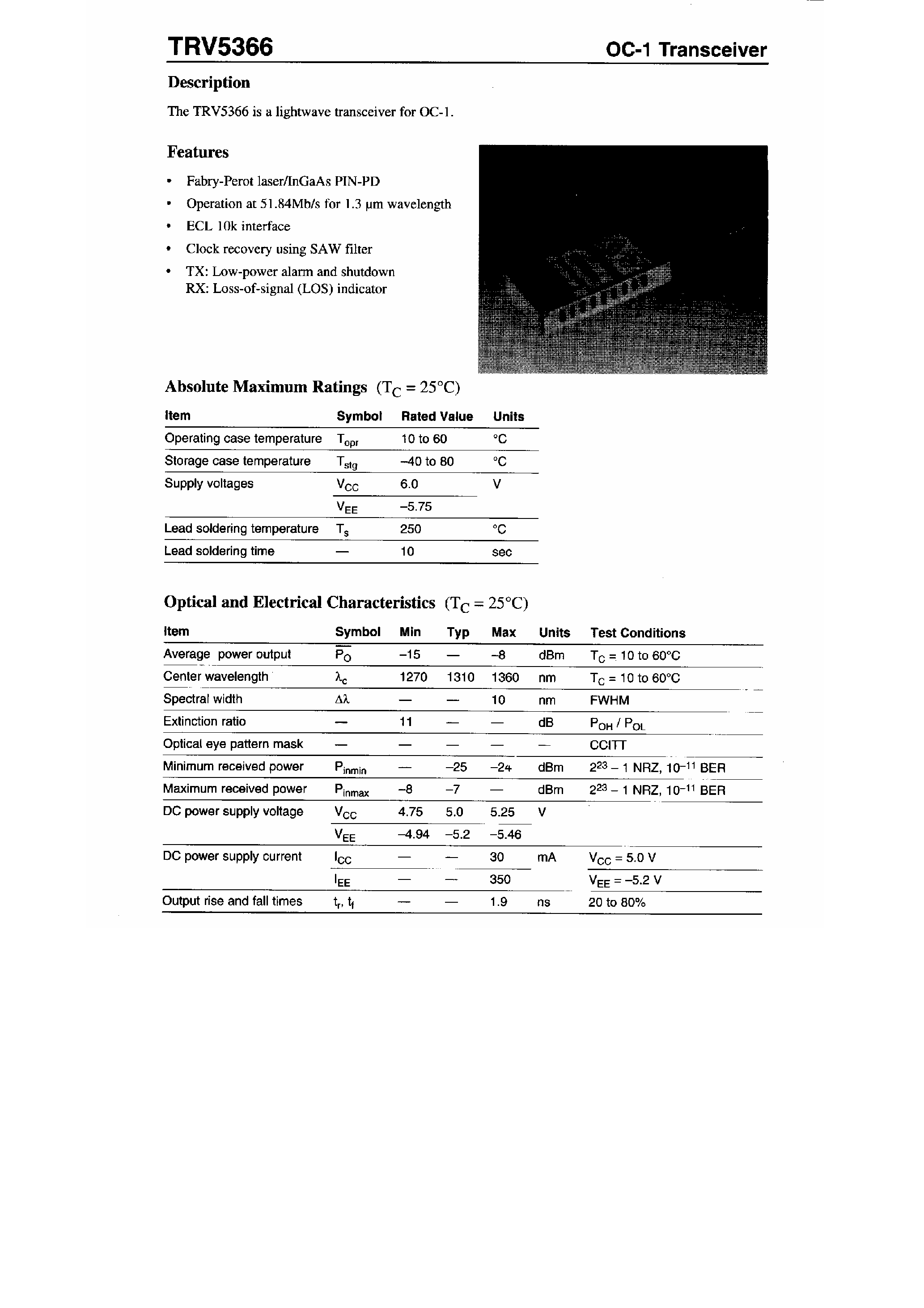 Datasheet TRV5366 - OC-1 Transceiver page 1