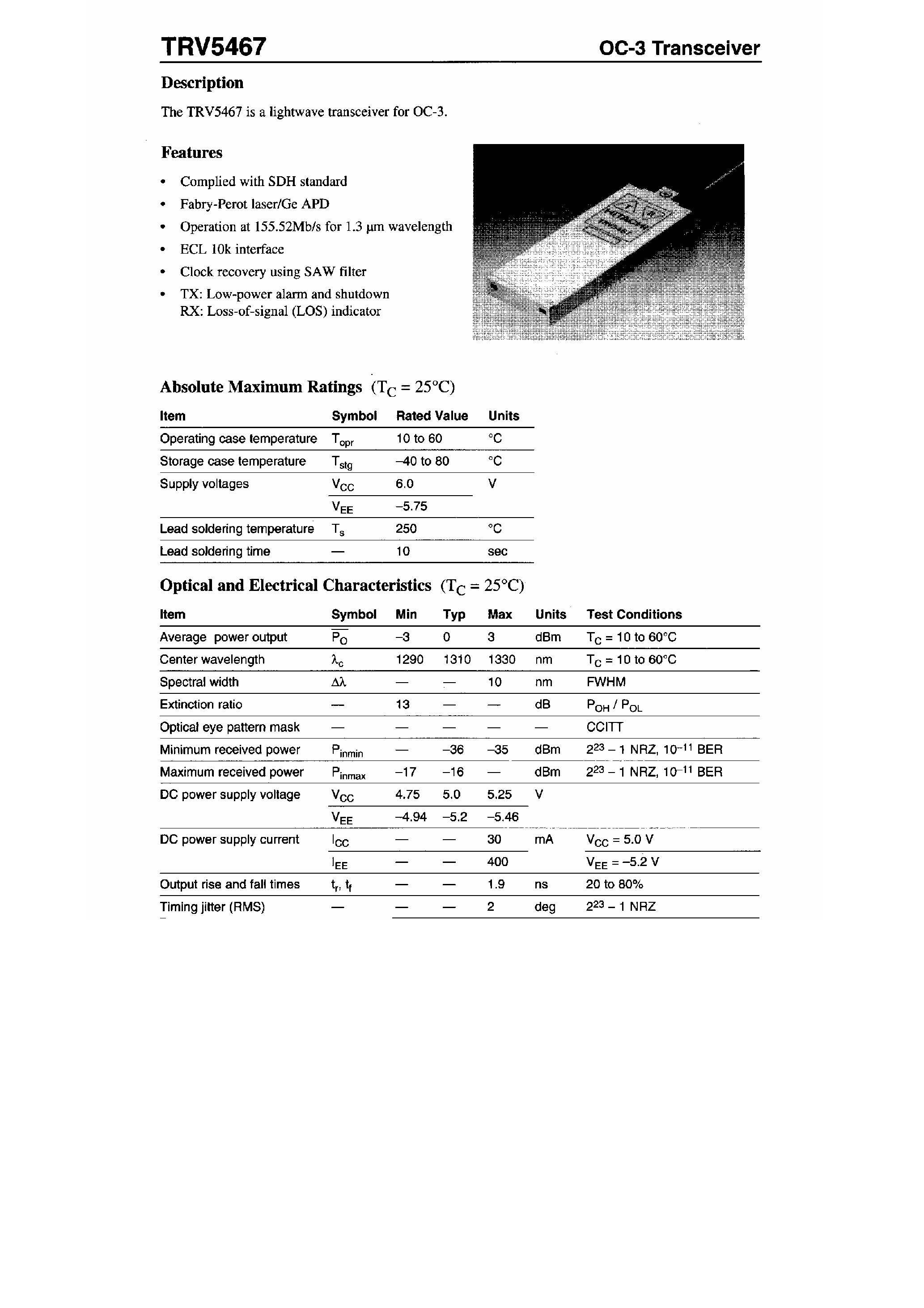 Datasheet TRV5467 - OC-3 Transceiver page 1