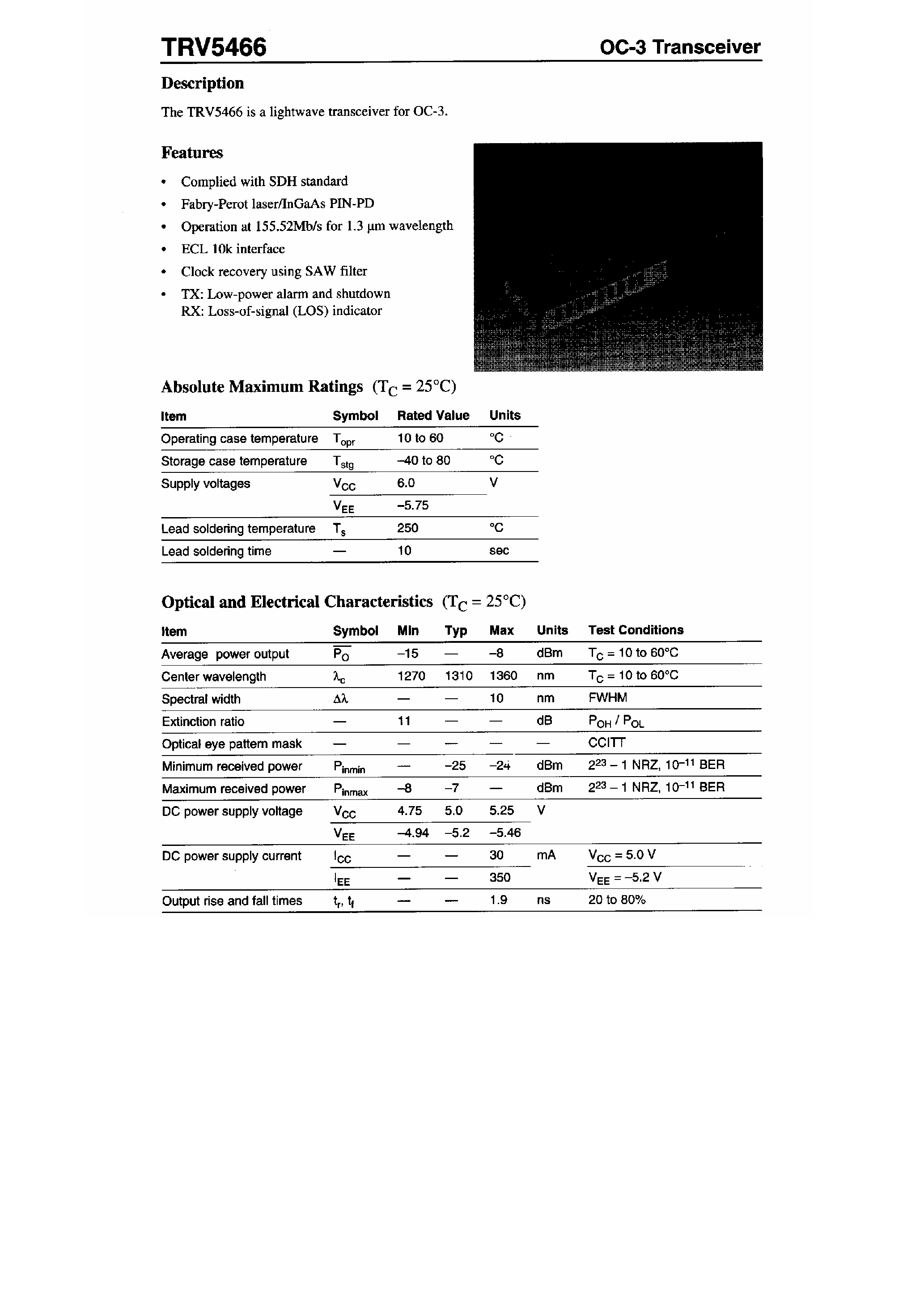 Datasheet TRV5466 - OC-3 Transceiver page 1