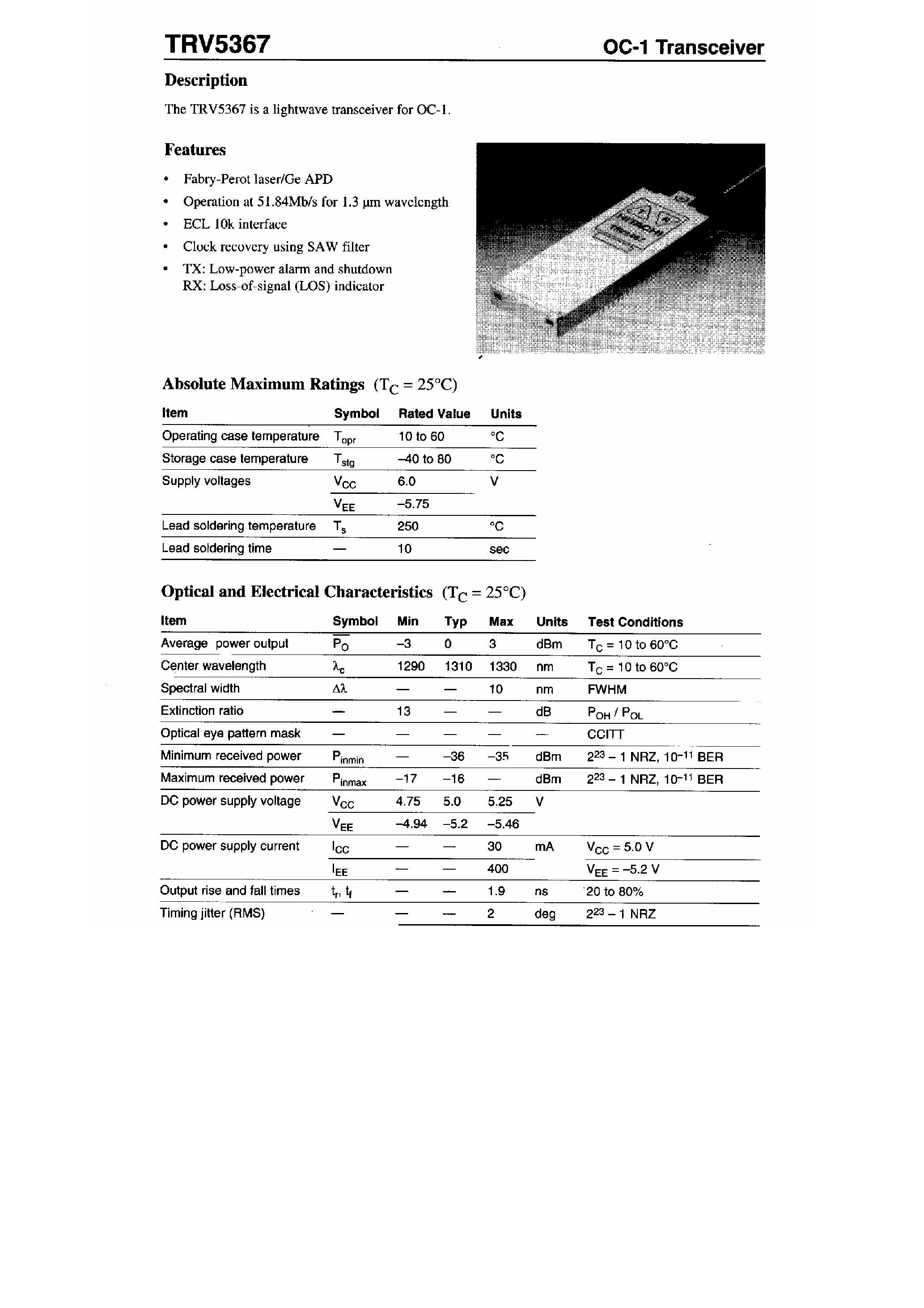 Datasheet TRV5367 - OC-1 Transceiver page 1