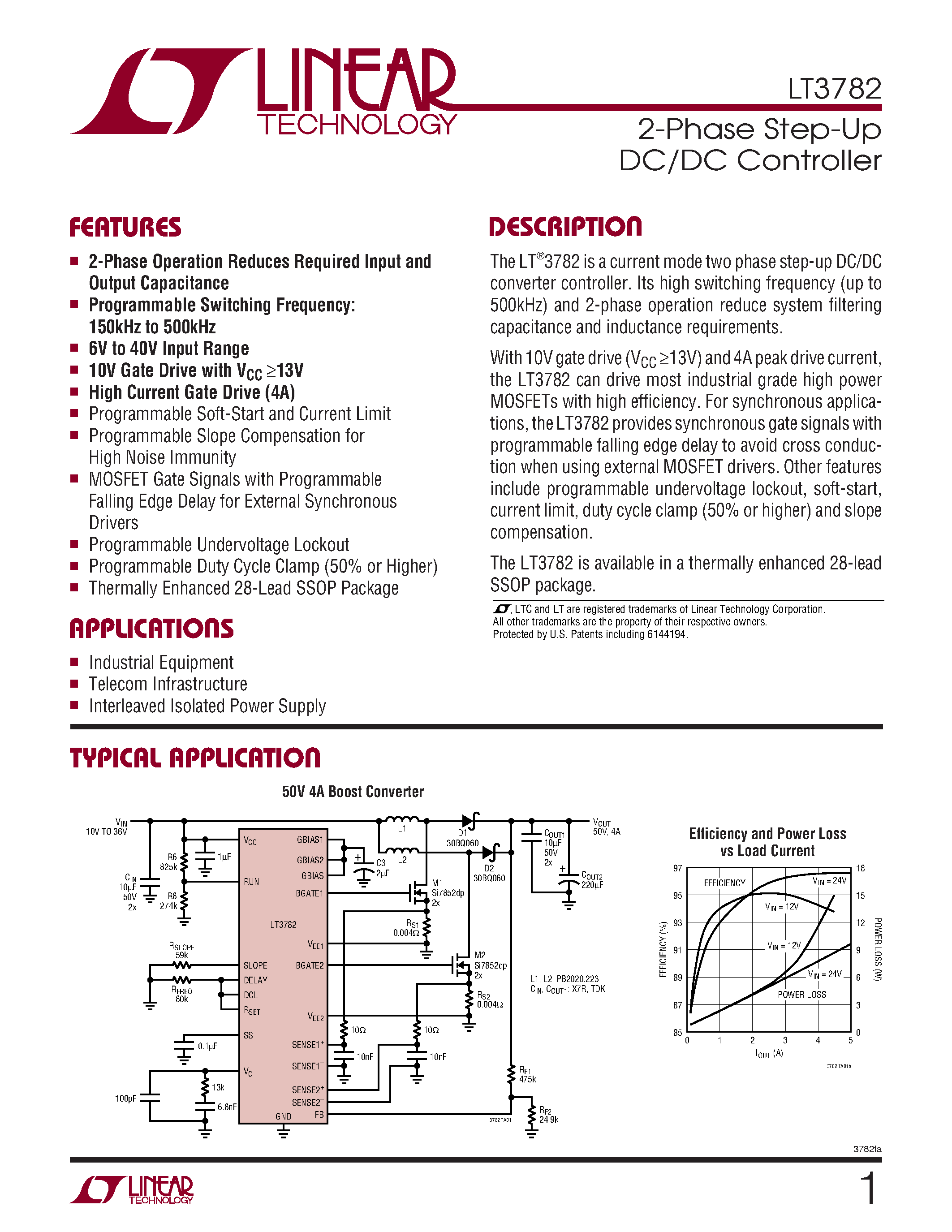 Даташит LT3782 - 2-Phase Step-Up DC/DC Controller страница 1