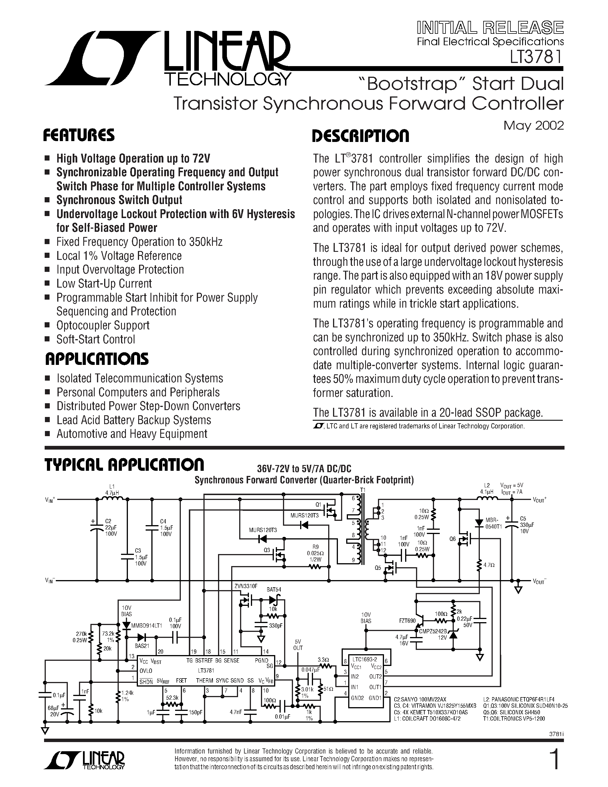 Даташит на микросхему LT3781 страница 1 Даташит LT3781 - Bootstrap Start Dual Transistor Synchronous Forward Controller страница 1