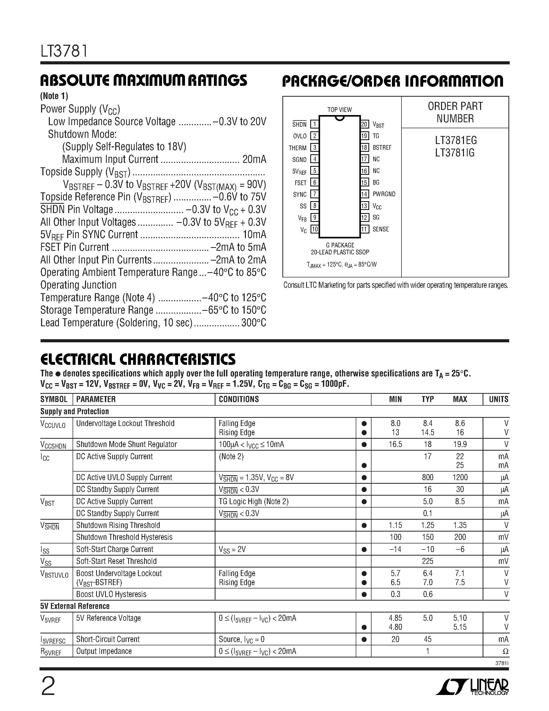 Даташит на микросхему LT3781 страница 2 Даташит LT3781 - Bootstrap Start Dual Transistor Synchronous Forward Controller страница 2