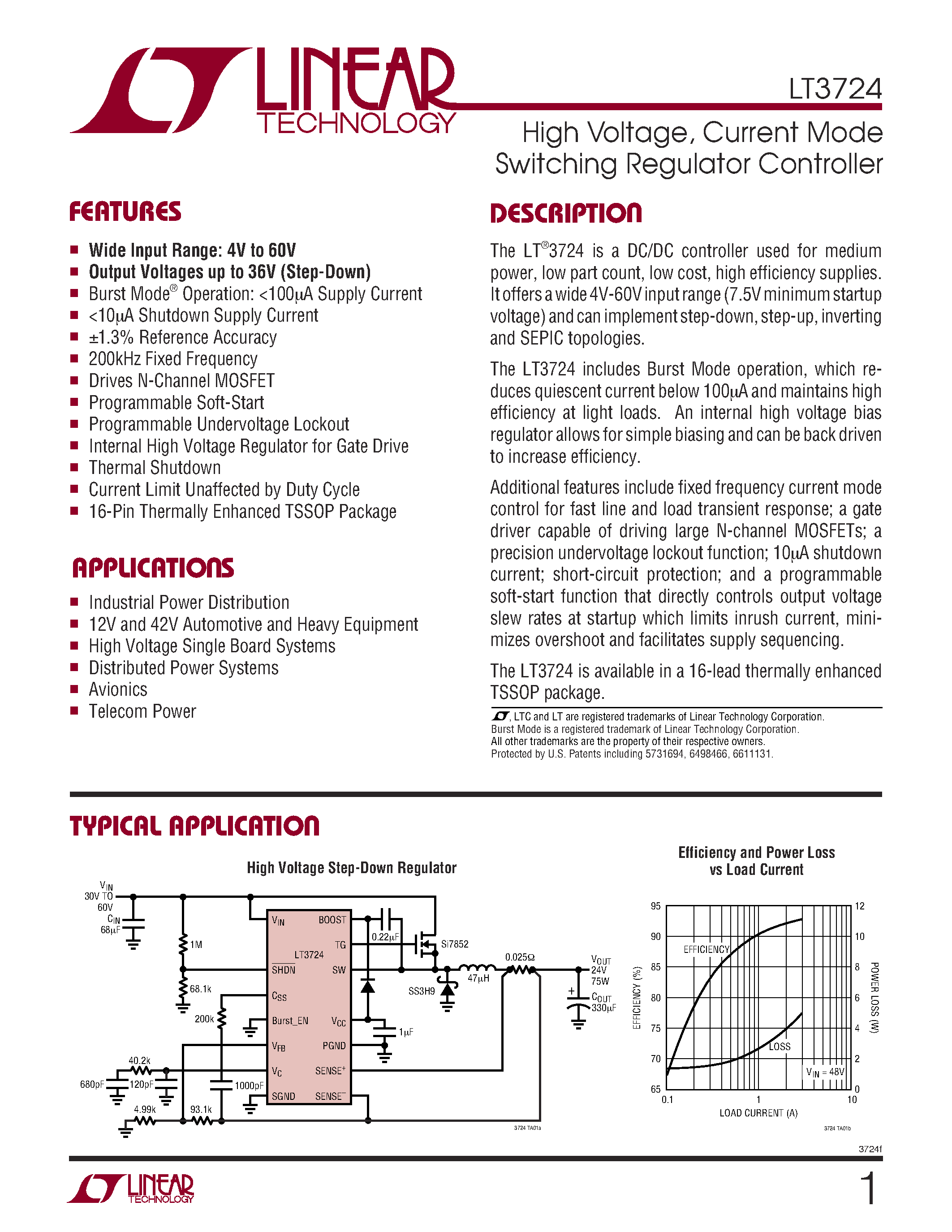 Datasheet LT3724 - High Voltage / Current Mode Switching Regulator Controller page 1
