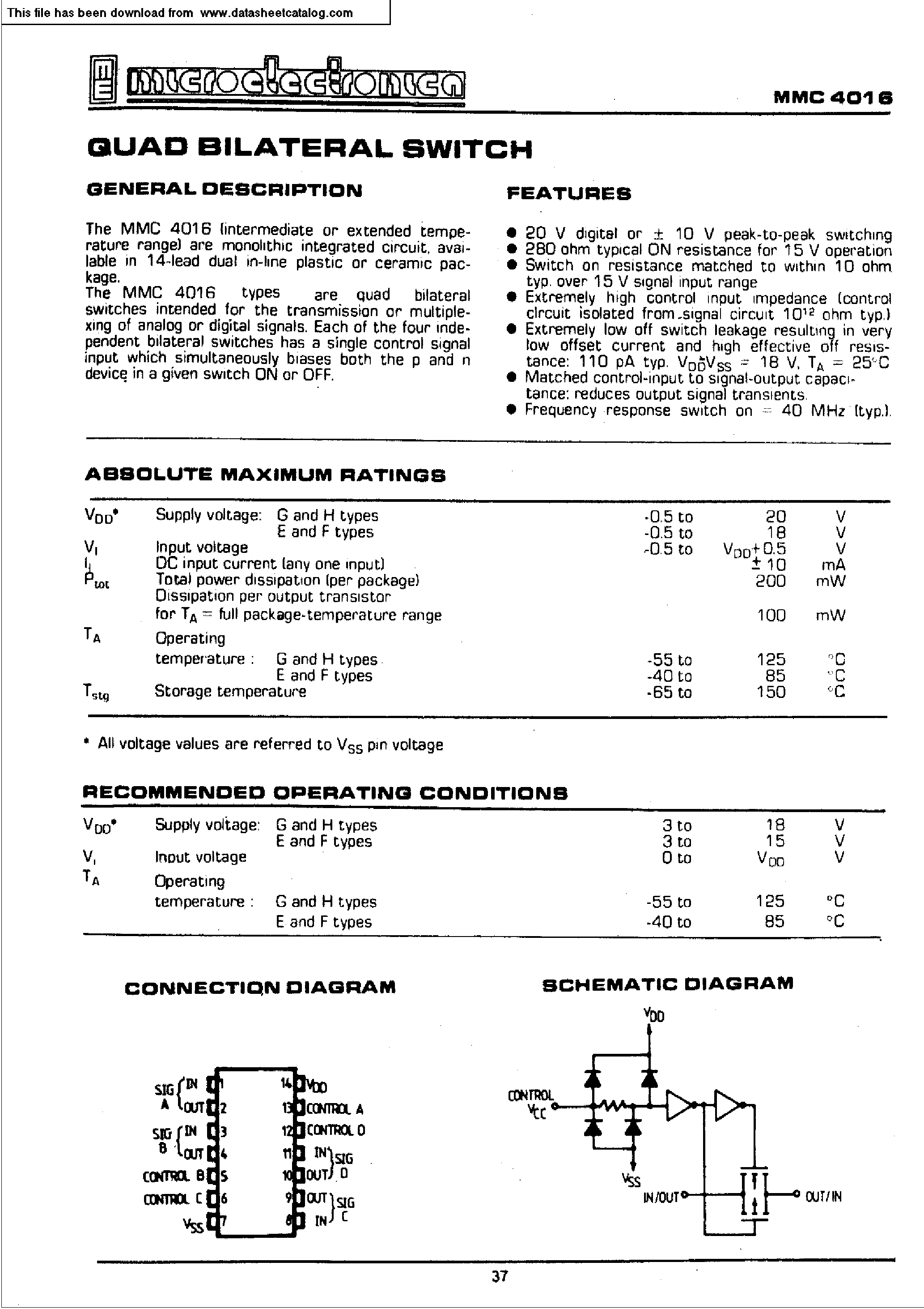 Datasheet MMC4016 - QUAD BILATERAL SWITCH page 1