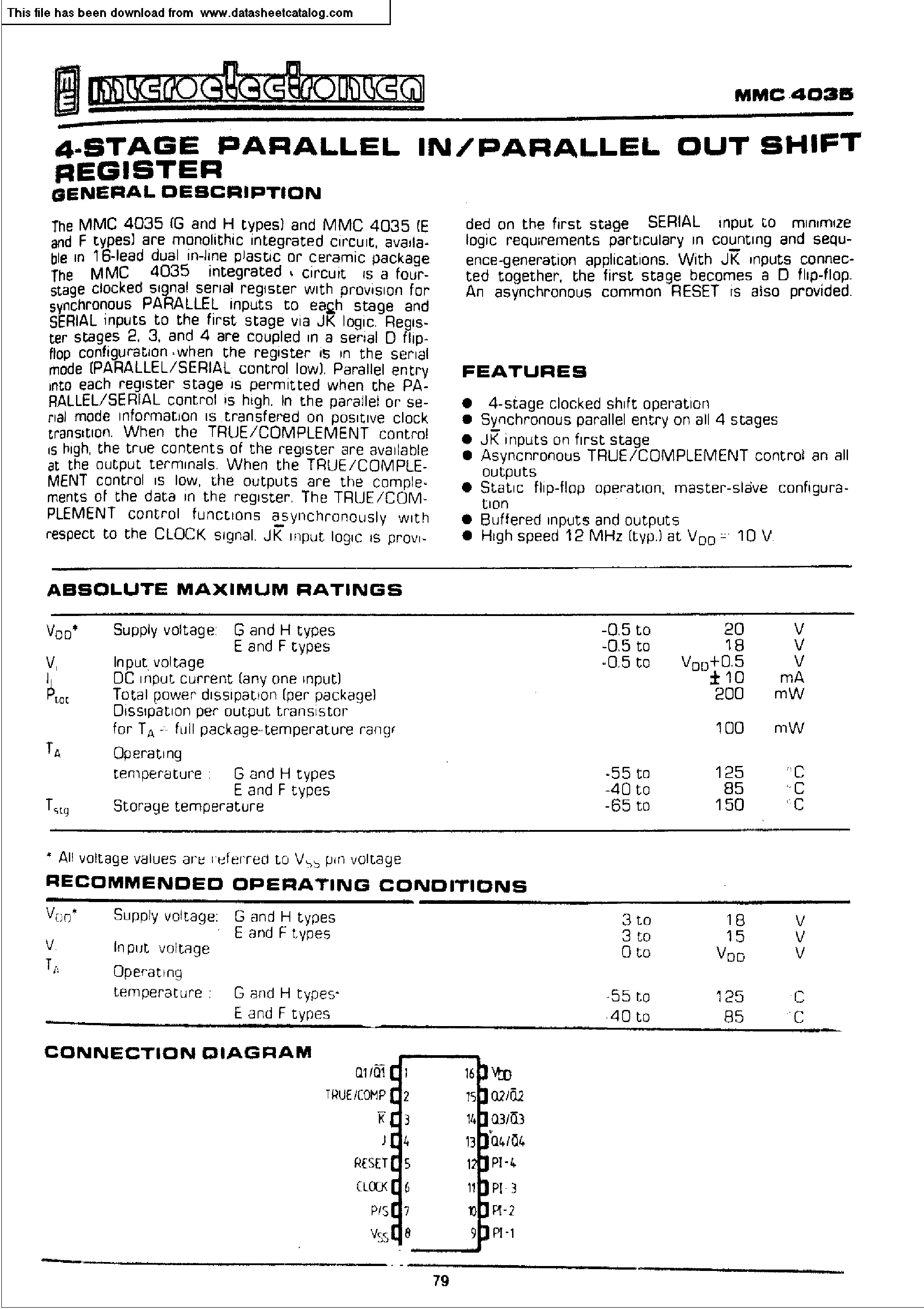 Даташит MMC4035 - 4-STAGE PARALLEL IN/PARALLEL OUT SHIFT REGISTER страница 1