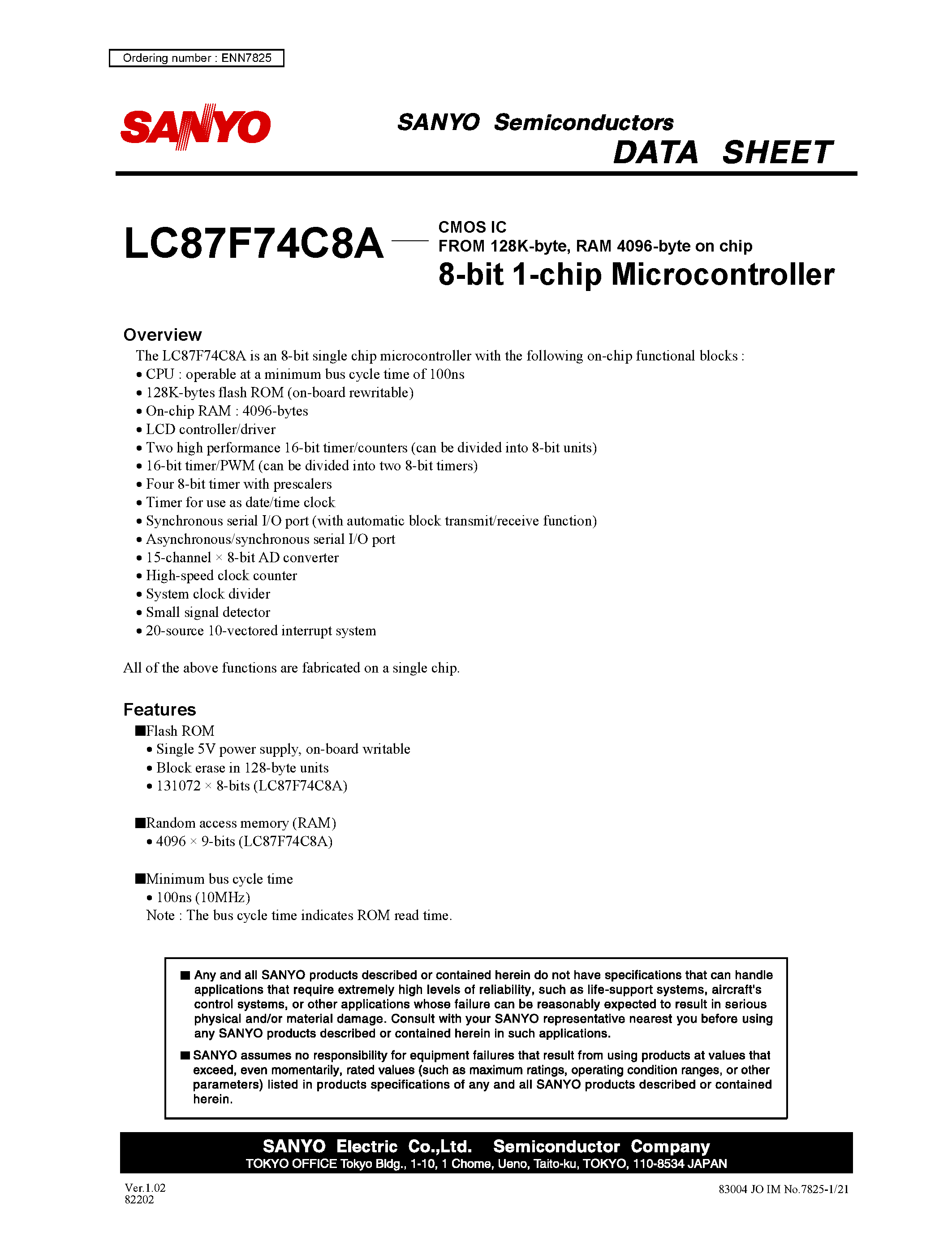 Datasheet LC87F74C8A - 8-bit 1-chip Microcontroller page 1