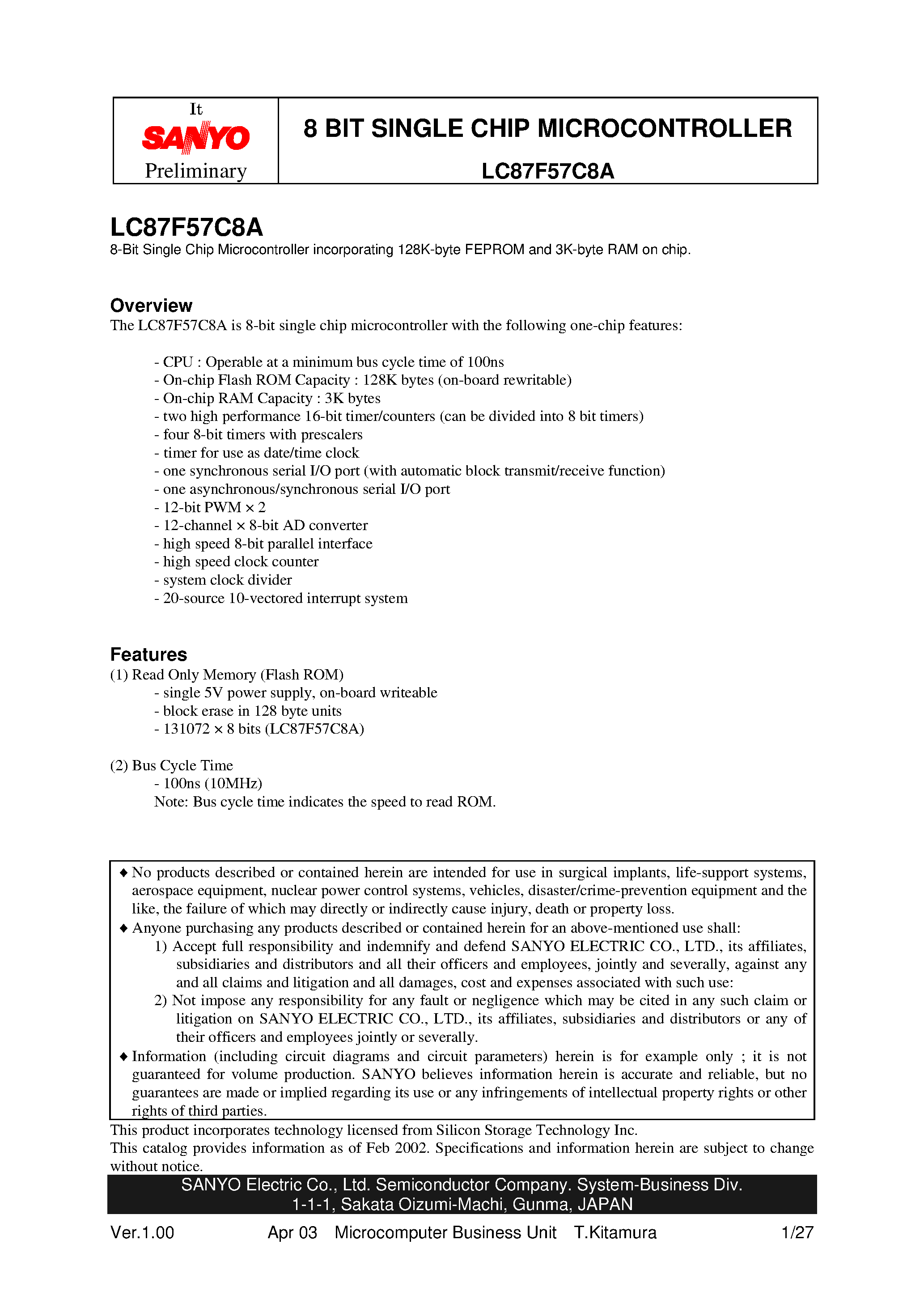 Datasheet LC87F57C8A - 8 Bit Single-Chip Microcontroller page 1