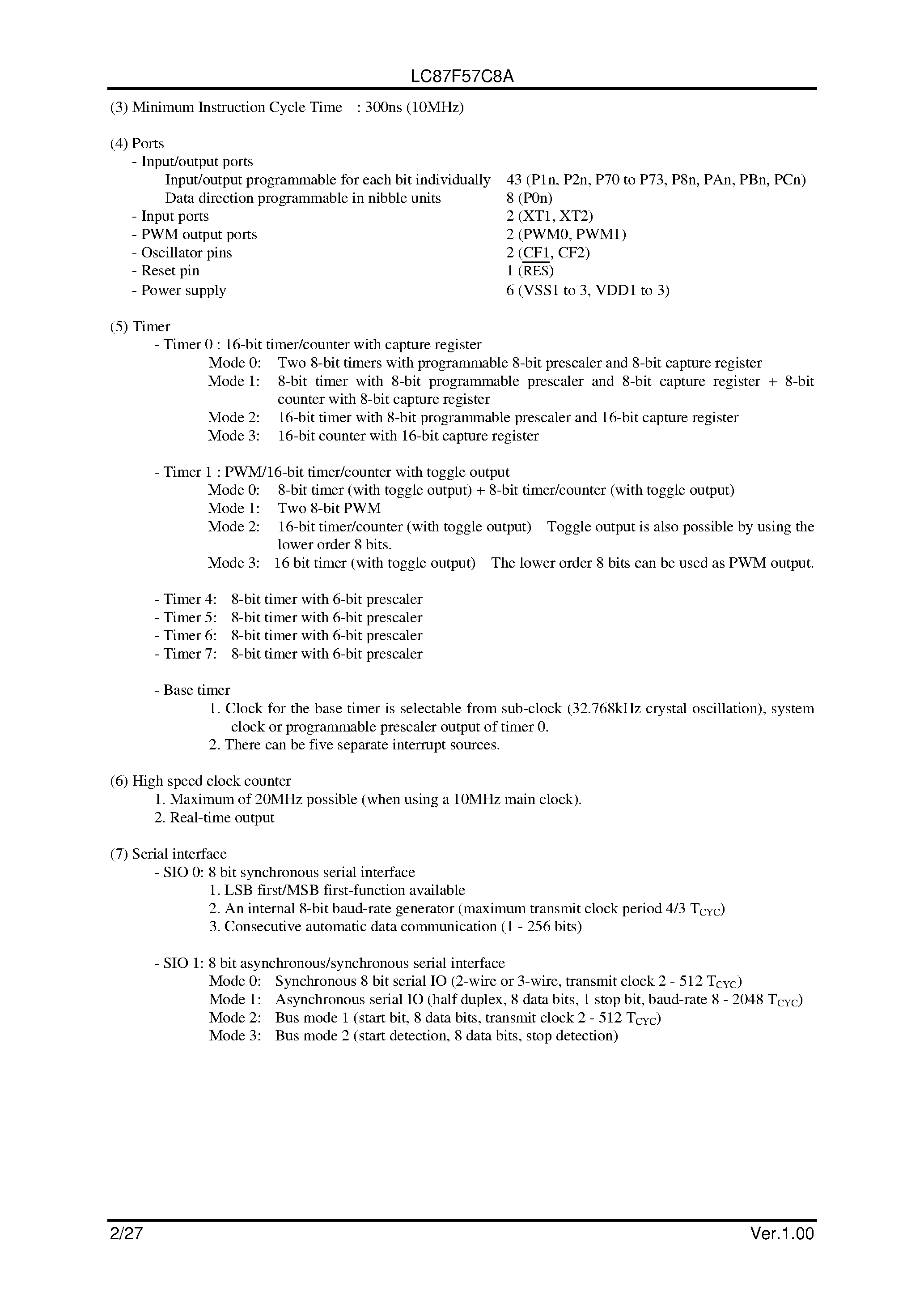 Datasheet LC87F57C8A - 8 Bit Single-Chip Microcontroller page 2