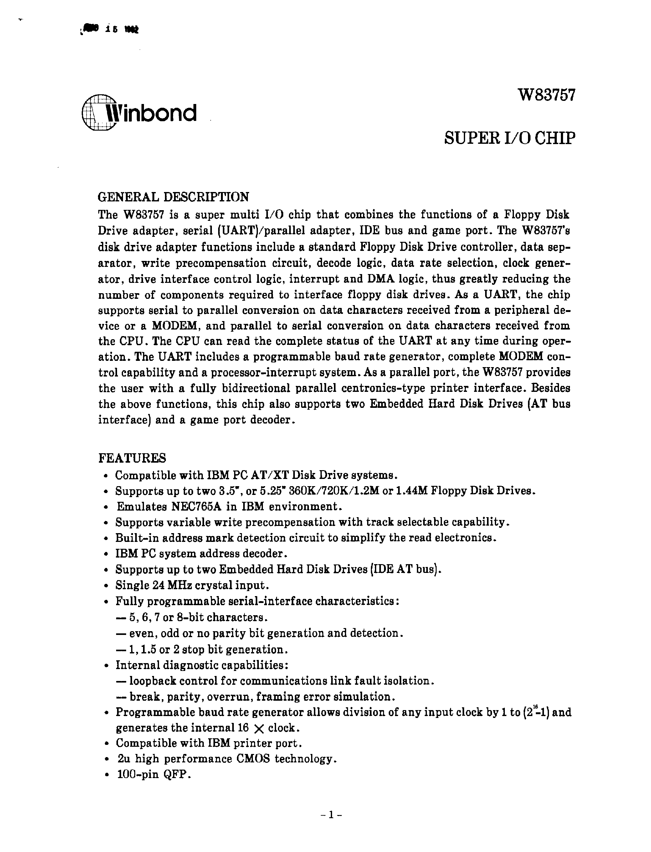 Datasheet W83757 page 1 Datasheet W83757 - SUPER I/O CHIP page 1