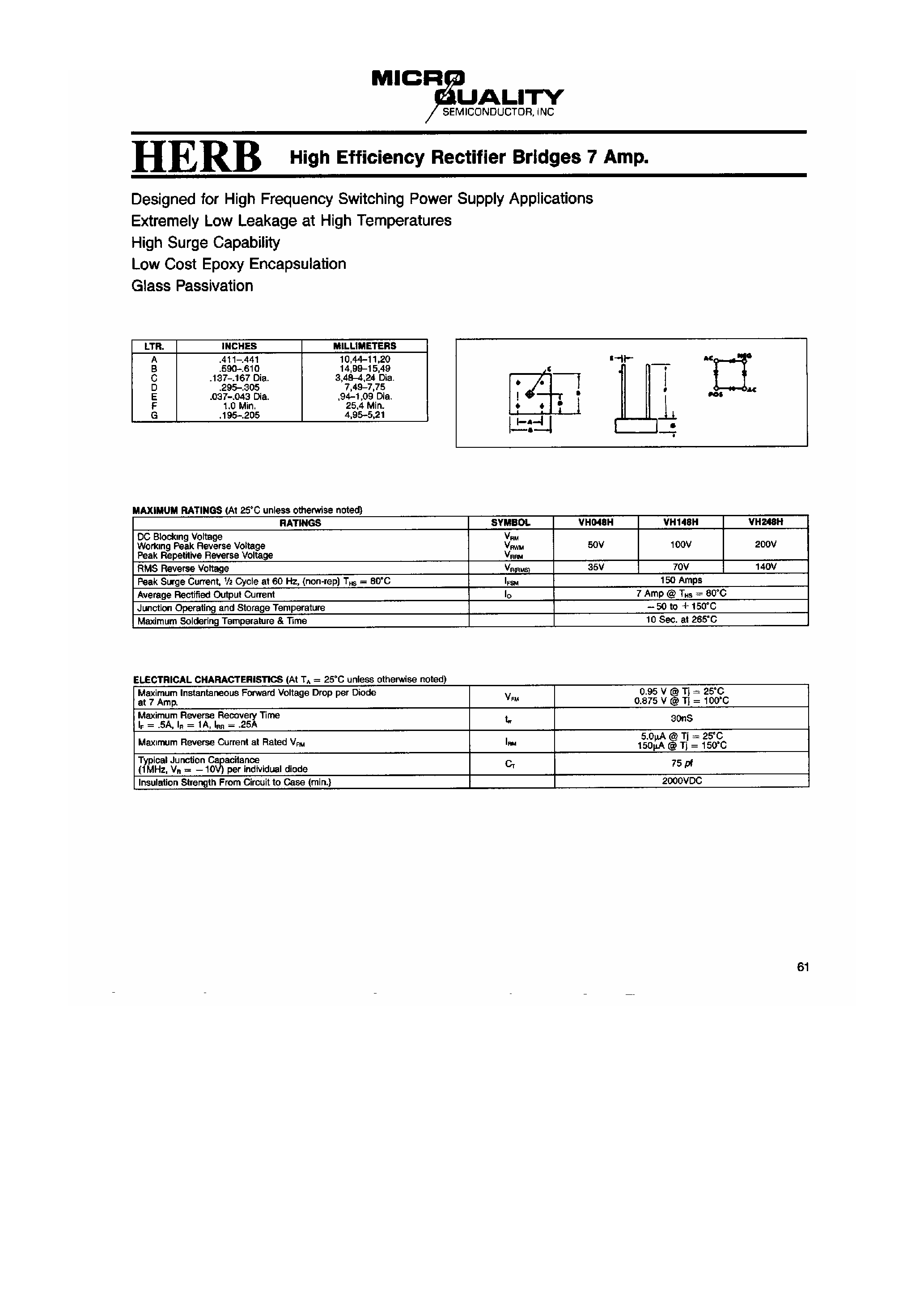 Datasheet VH148H - High Efficiency Rectifier Bridges 7 Amp page 1