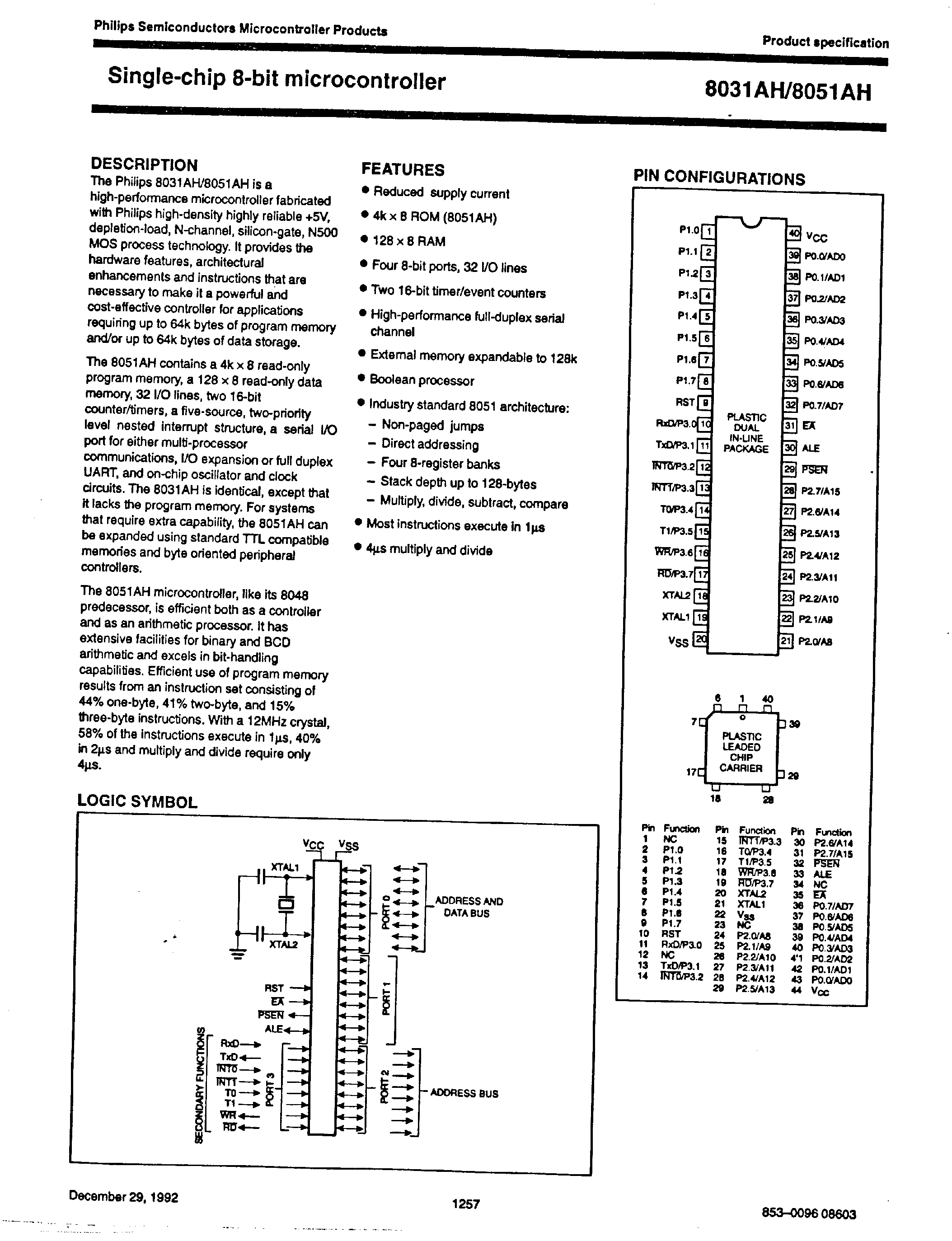 Datasheet 8031AH - SINGLE CHIP 8 BIT MICROCONTROLLER page 1
