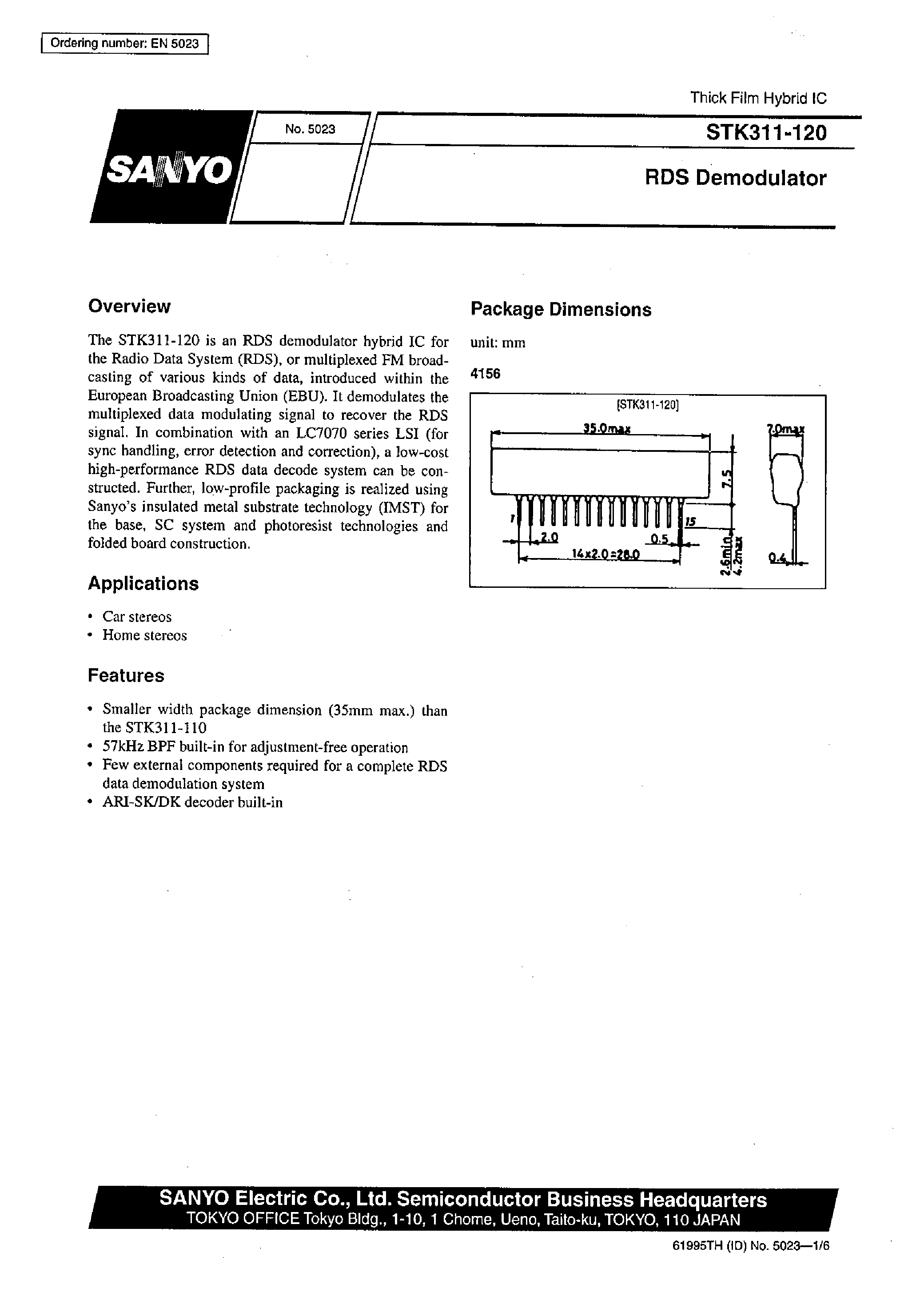 Datasheet STK311-120 - RDS Demodulator page 1