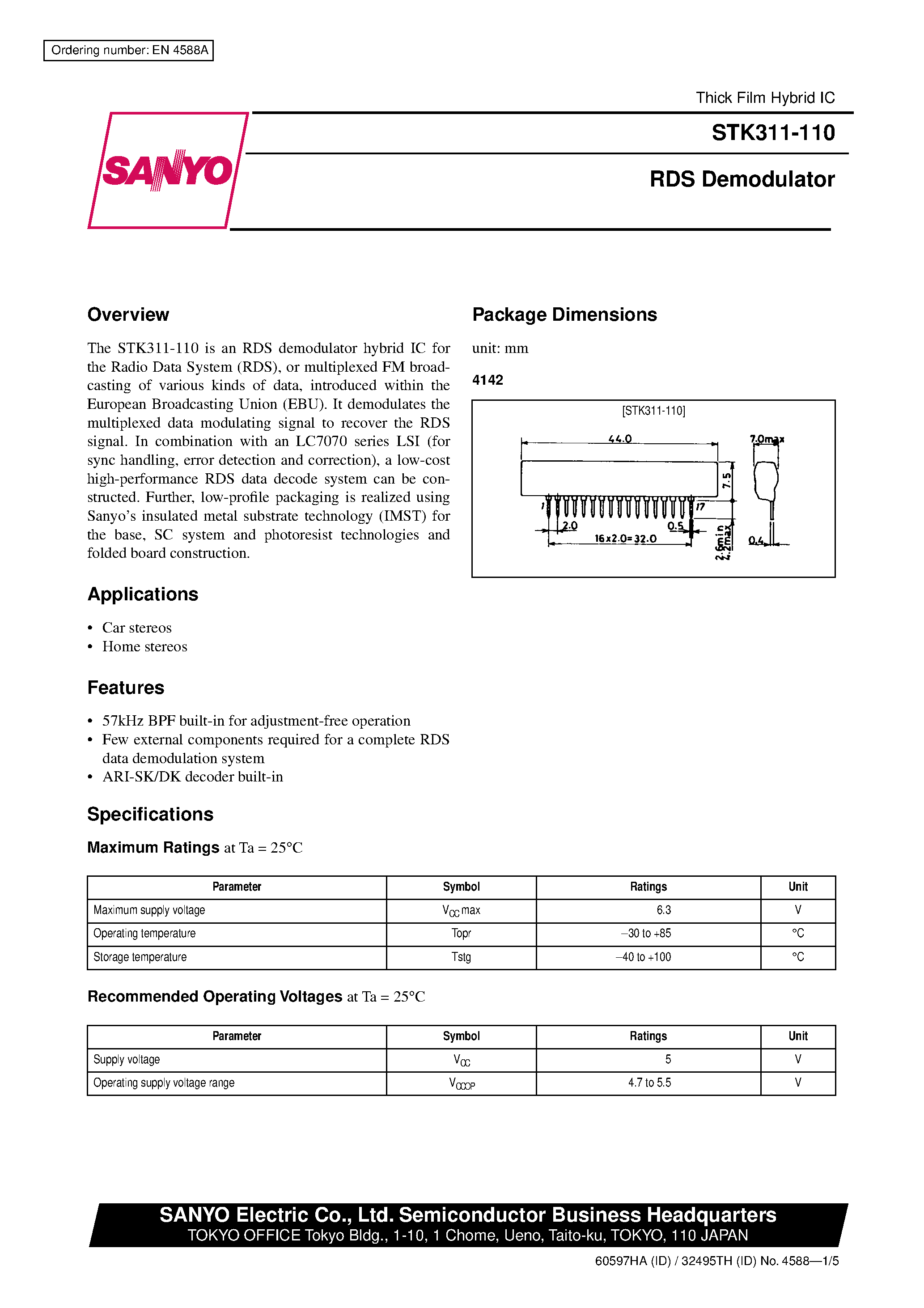 Даташит STK311-110 - RDS Demodulator страница 1