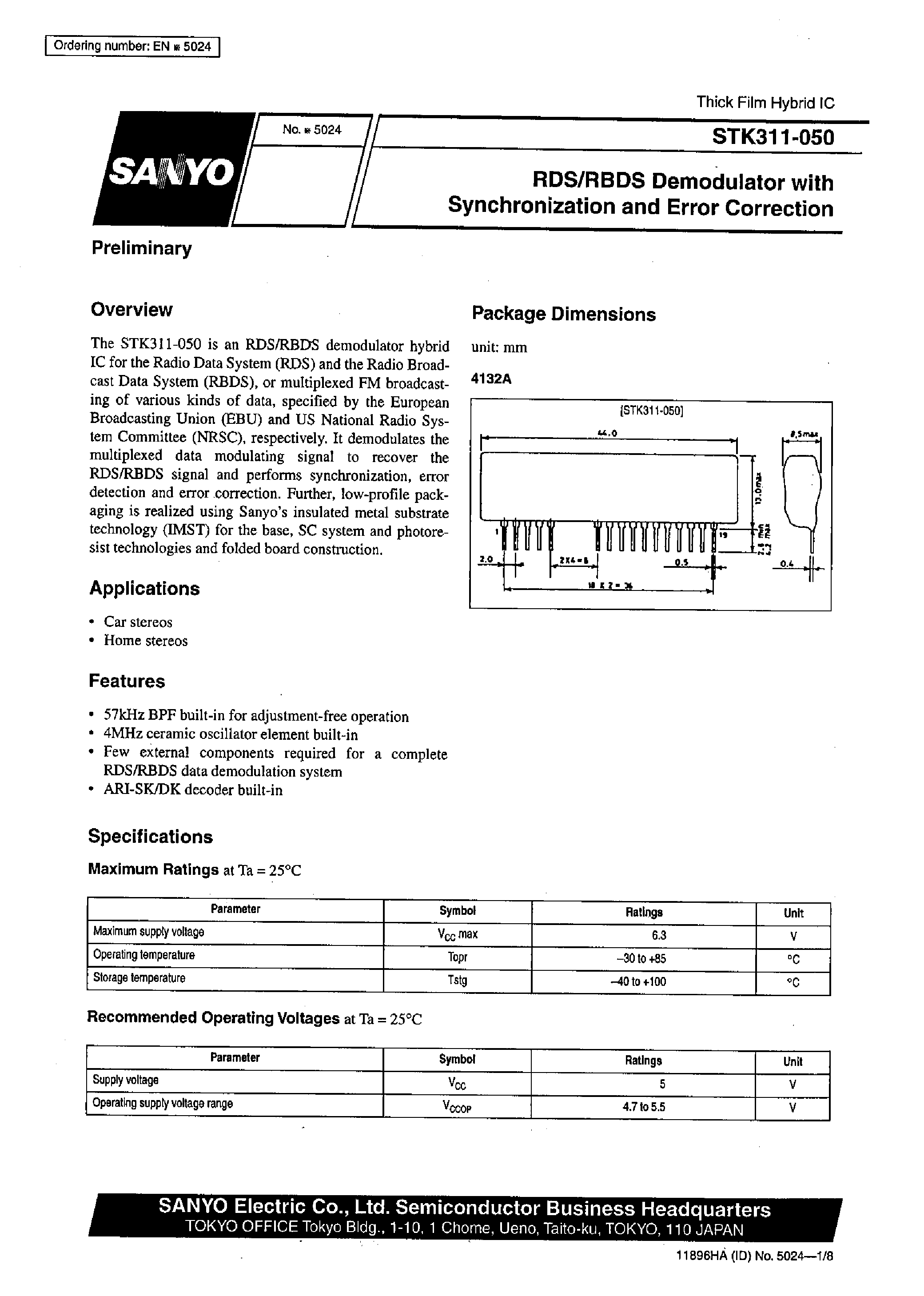 Datasheet STK311-050 - RDS/RBDS Demodulator Synchronization and Error Correction page 1
