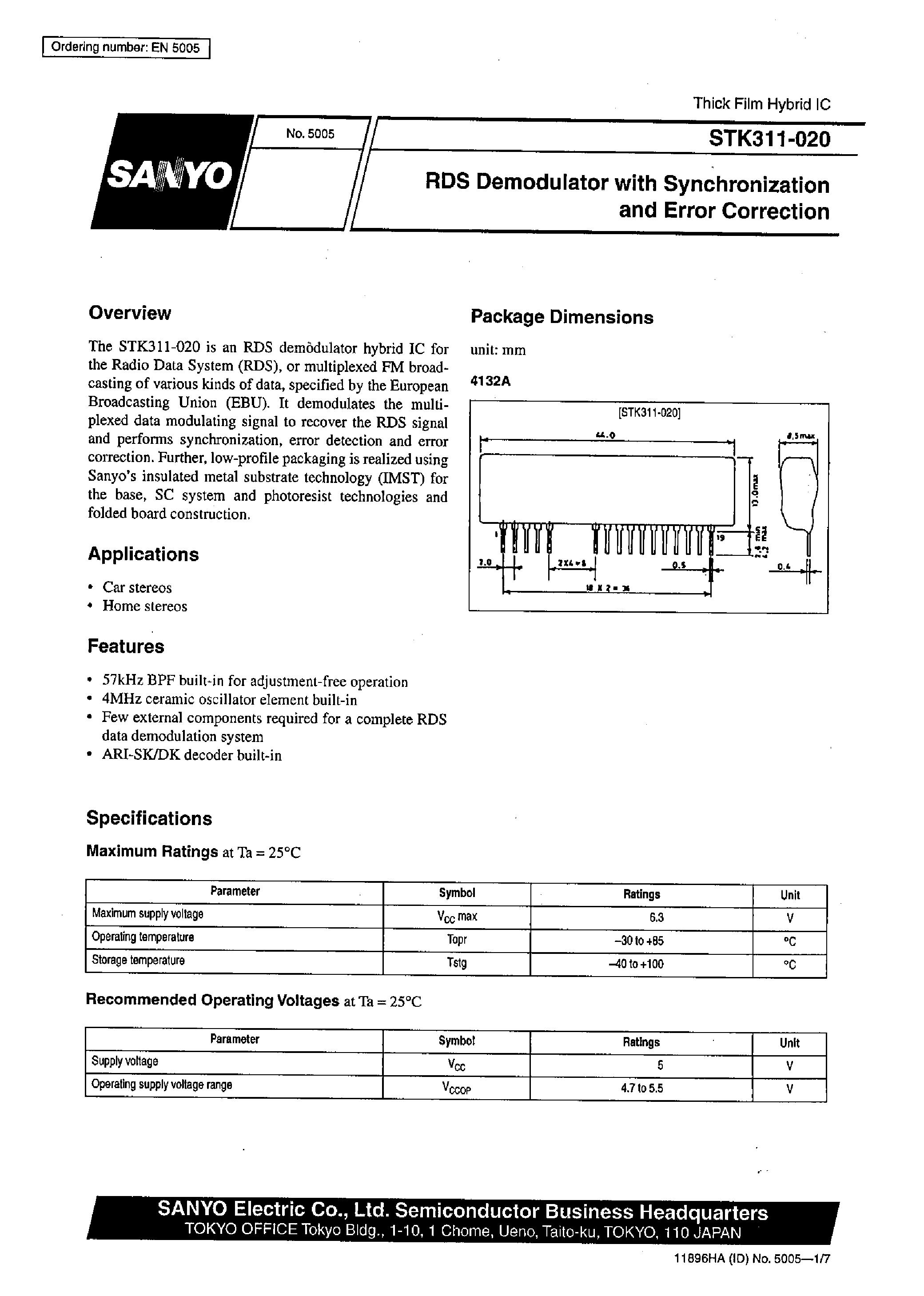 Datasheet STK311-020 - RDS Demodulator Synchronization and Error Correction page 1
