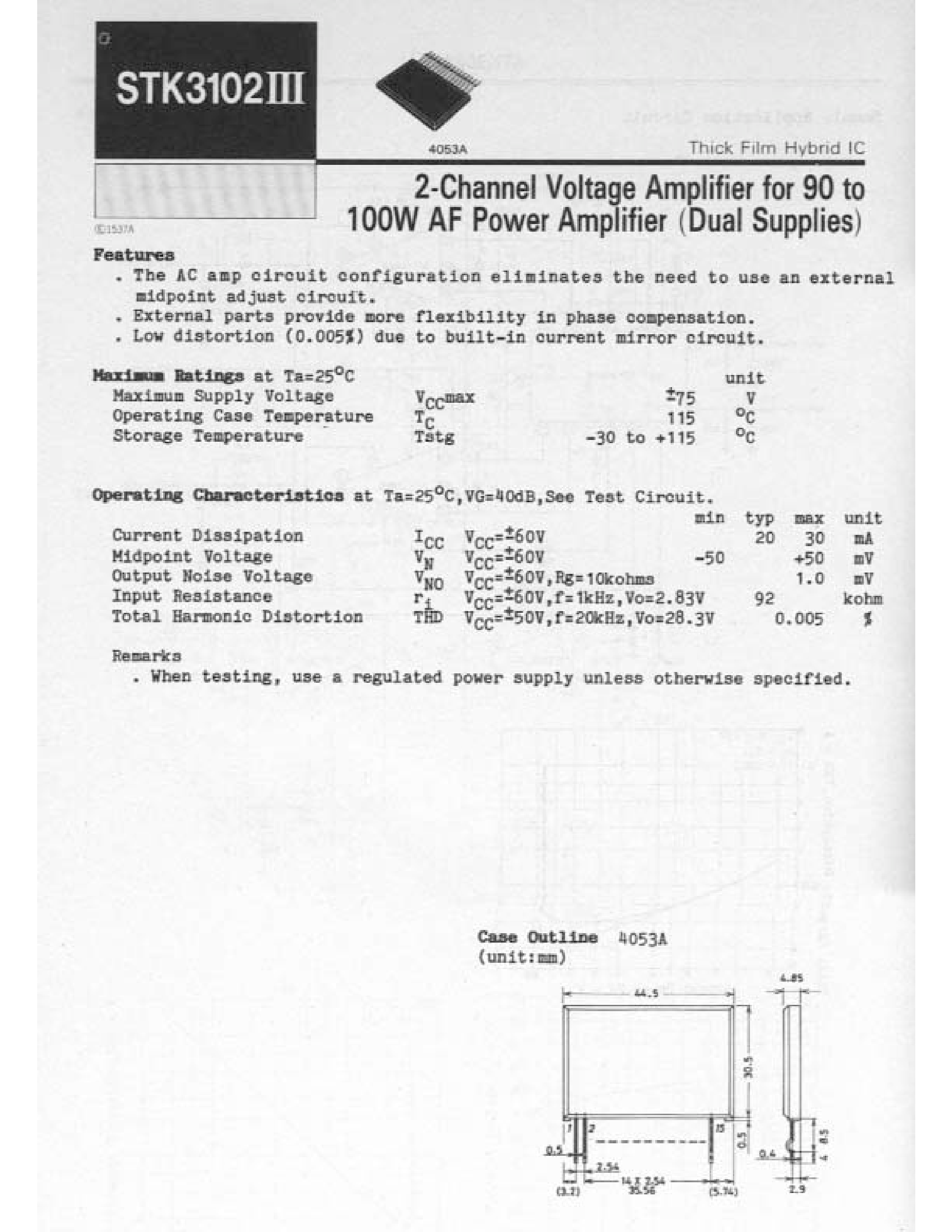 Даташит STK3102III - 2-Channel Voltage Amplifier for 90 to 100W AF Power Amplifier (Dual Supplies) страница 1