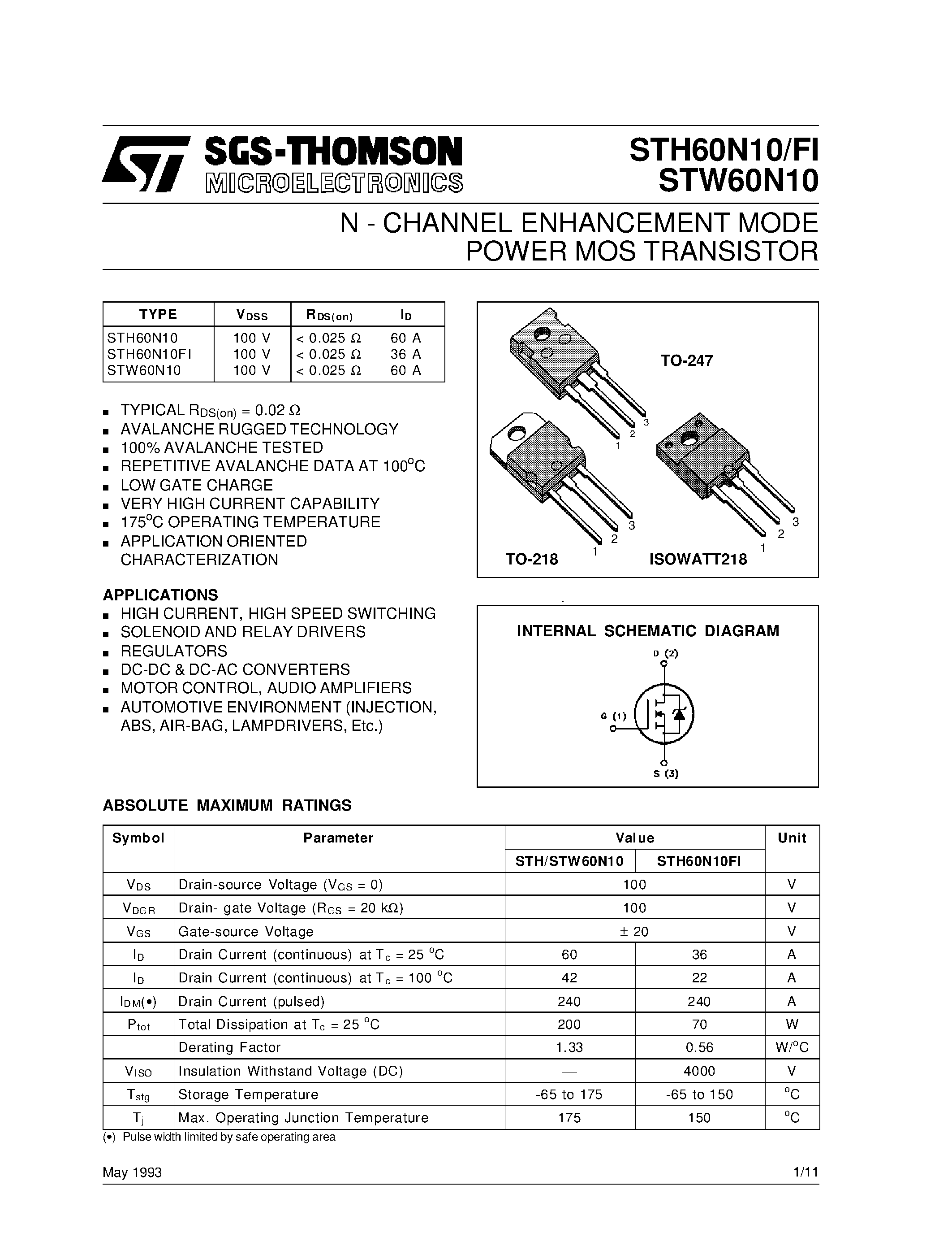 Datasheet STH60N10 - N - CHANNEL ENHANCEMENT MODE POWER MOS TRANSISTOR page 1