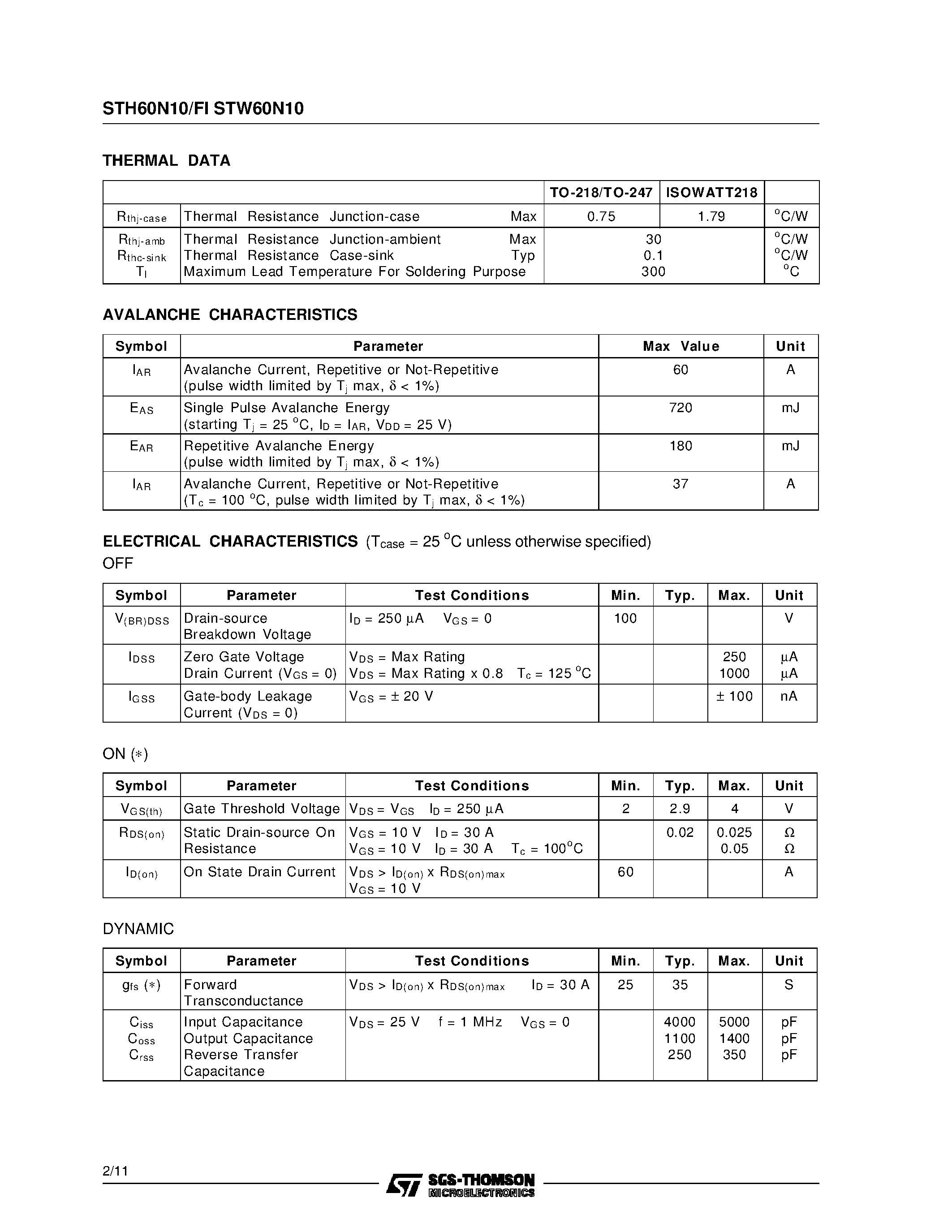 Datasheet STH60N10 - N - CHANNEL ENHANCEMENT MODE POWER MOS TRANSISTOR page 2