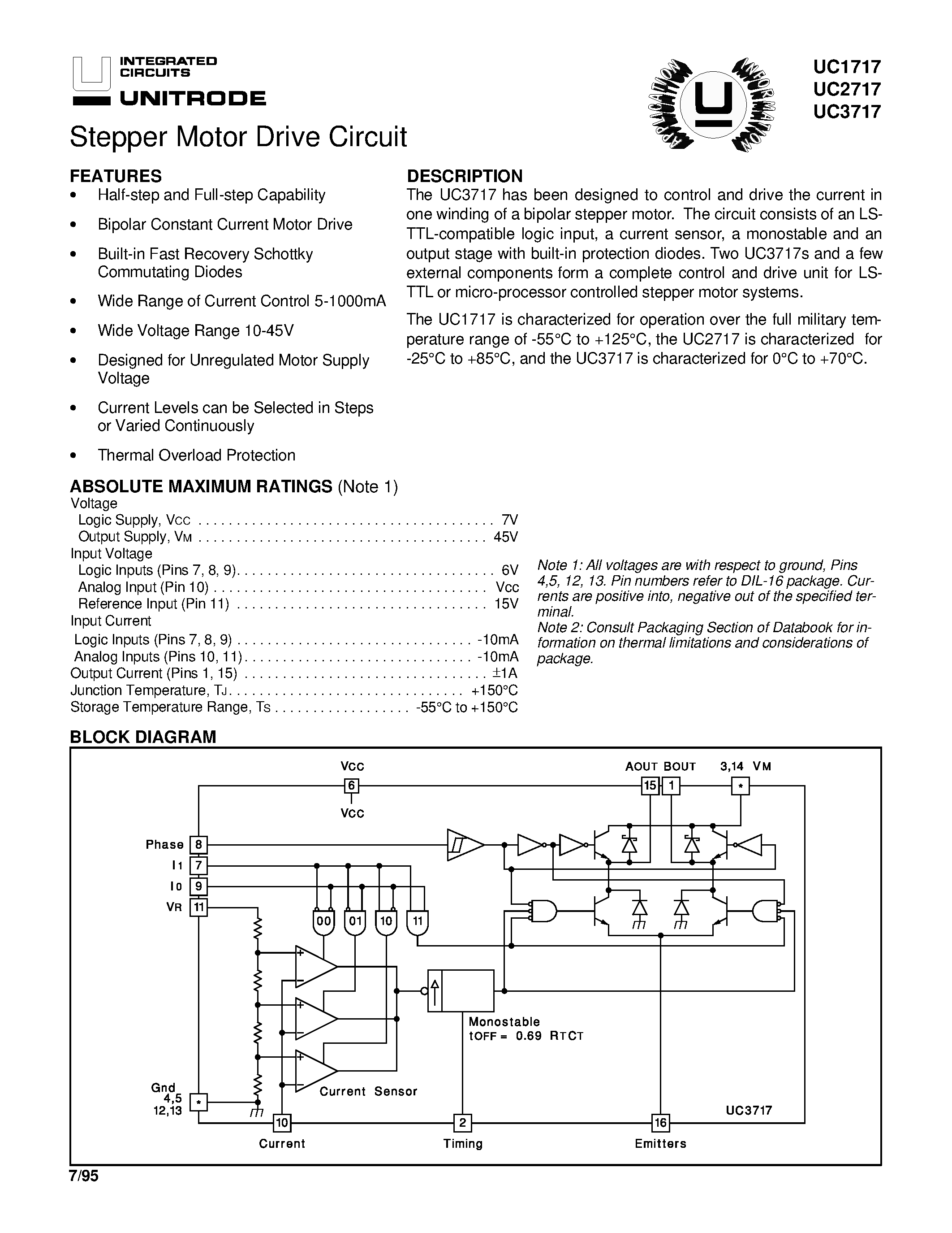 Даташит на микросхему UC3717 страница 1 Даташит UC3717 - Stepper Motor Drive Circuit страница 1