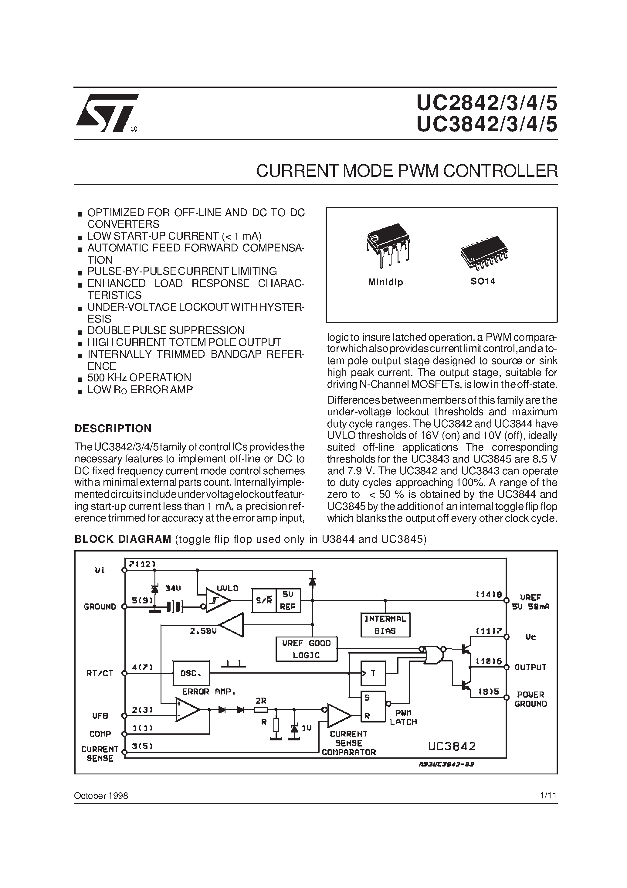 Datasheet UC2844 page 1 Datasheet UC2844 - CURRENTMODE PWM CONTROLLER page 1