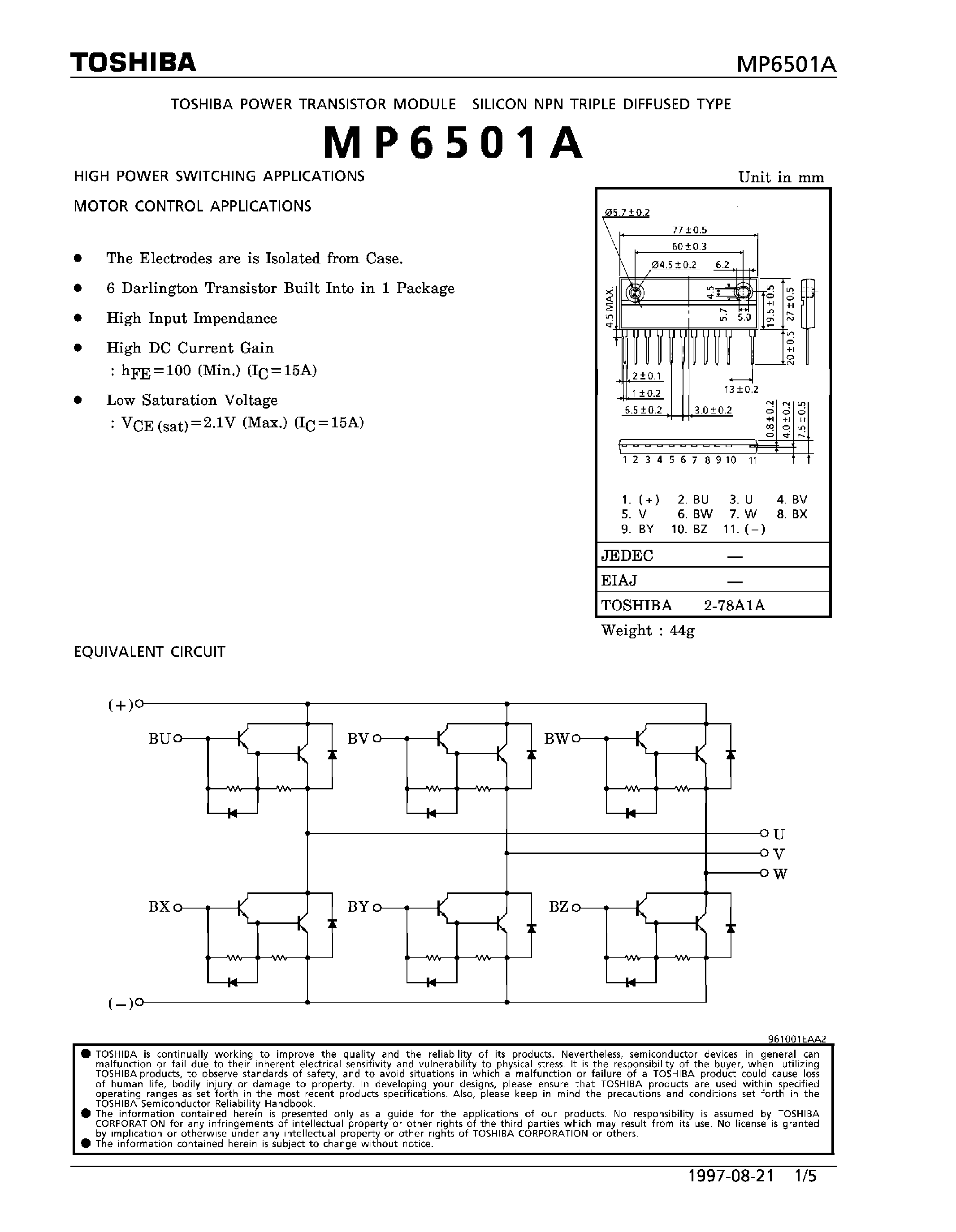 Datasheet MP6501A - NPN TRIPLE DIFFUSED TYPE (HIGH POWER SWITCHING / MOTOR CONTROL APPLICATIONS) page 1