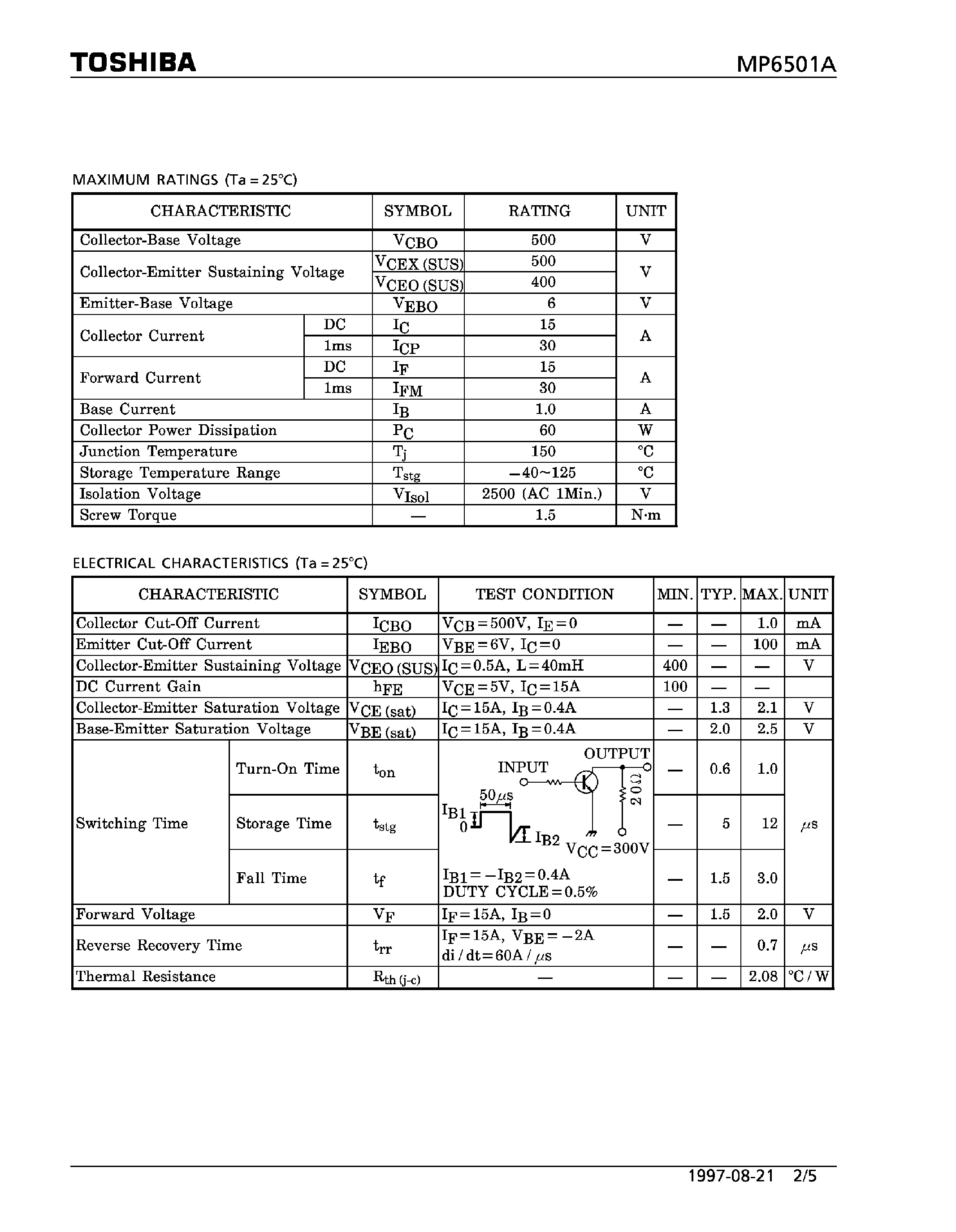 Datasheet MP6501A - NPN TRIPLE DIFFUSED TYPE (HIGH POWER SWITCHING / MOTOR CONTROL APPLICATIONS) page 2