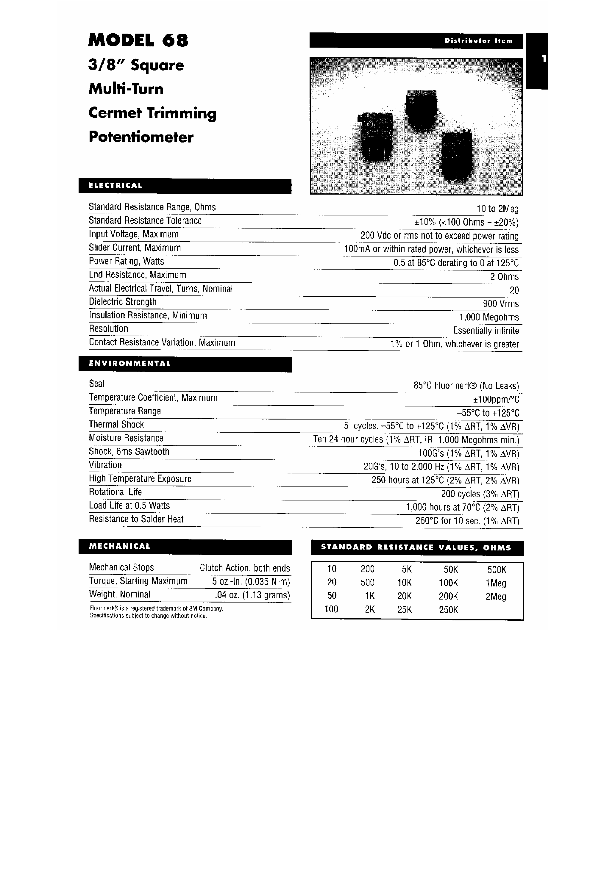 Datasheet 68WR20xxx - 3/8 Square Multi-Turn Cermet Trimming Potentiometer page 1