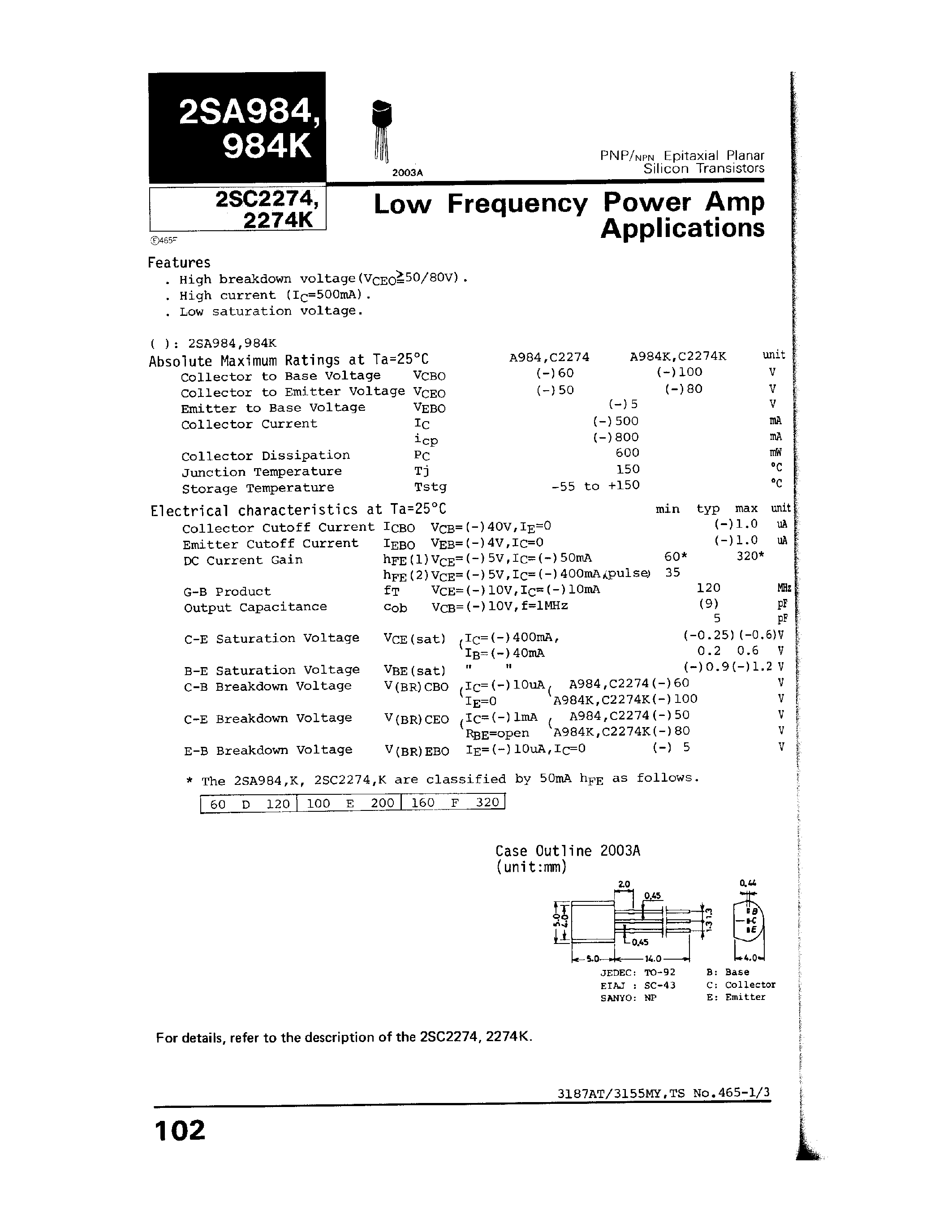 Даташит 2SC2274 - LOW FREQUENCY POWER AMP APPLICATIONS страница 1