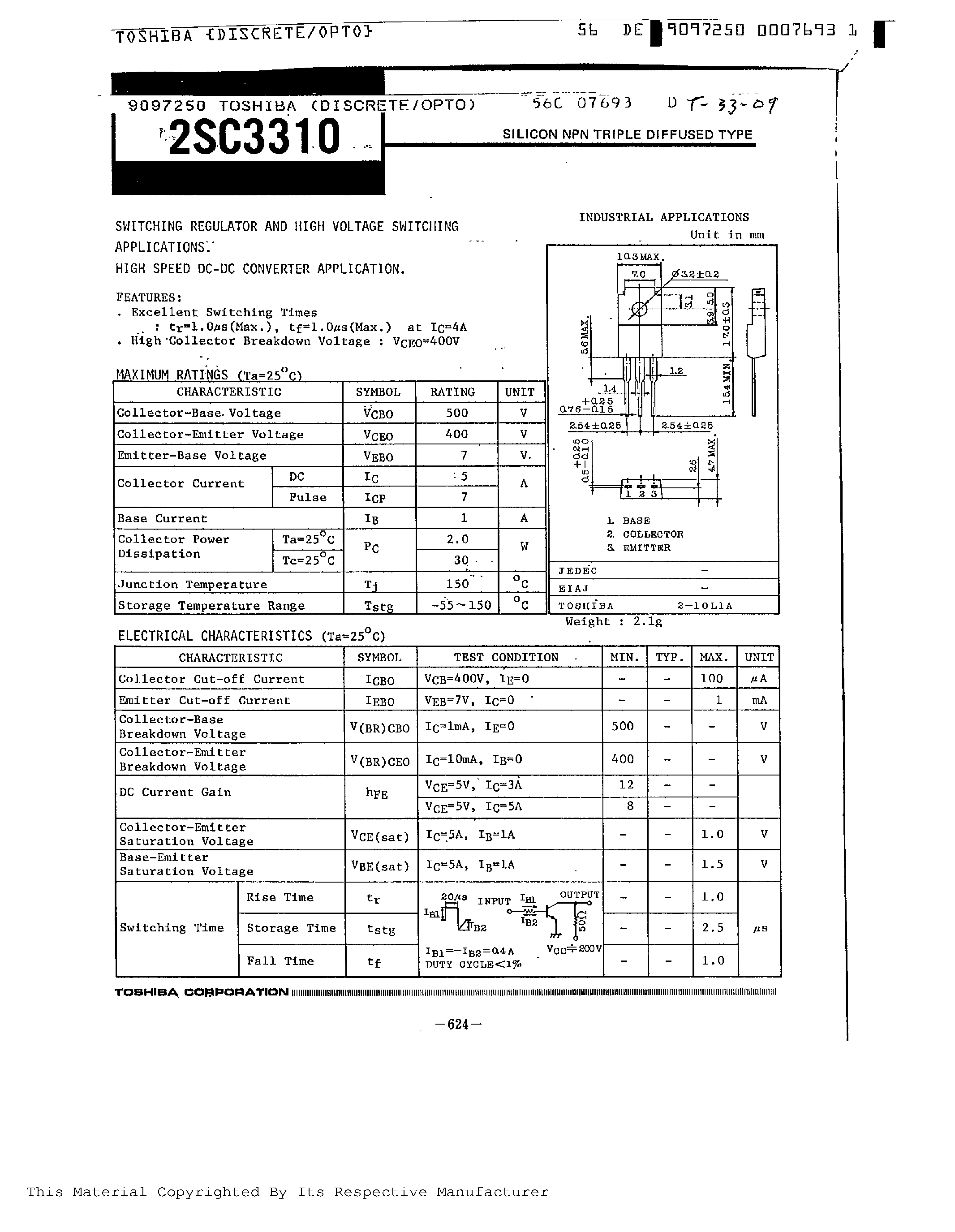 Datasheet 2SC3310 - SILICON NPN TRIPLE DIFFUSED TYPE page 1