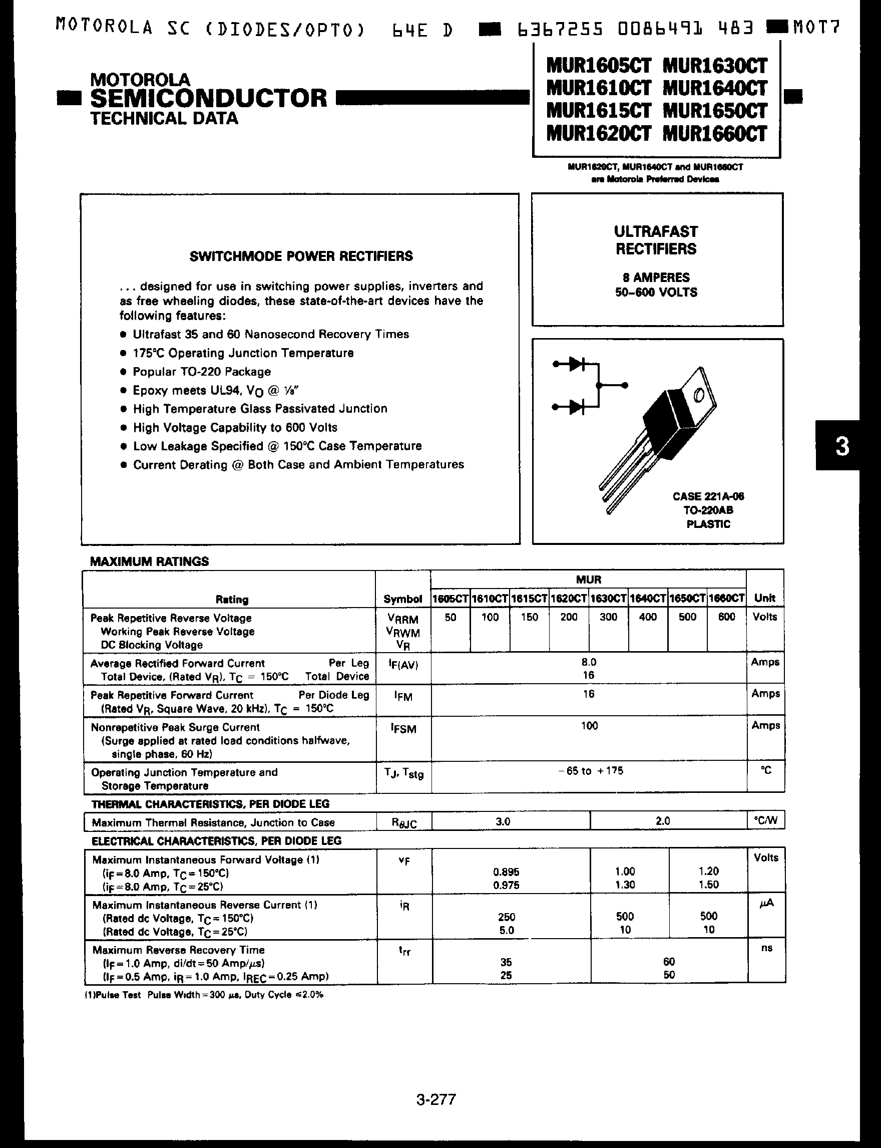 Datasheet MUR1650CT page 1 Datasheet MUR1650CT - Ultra Fast Rectifiers page 1