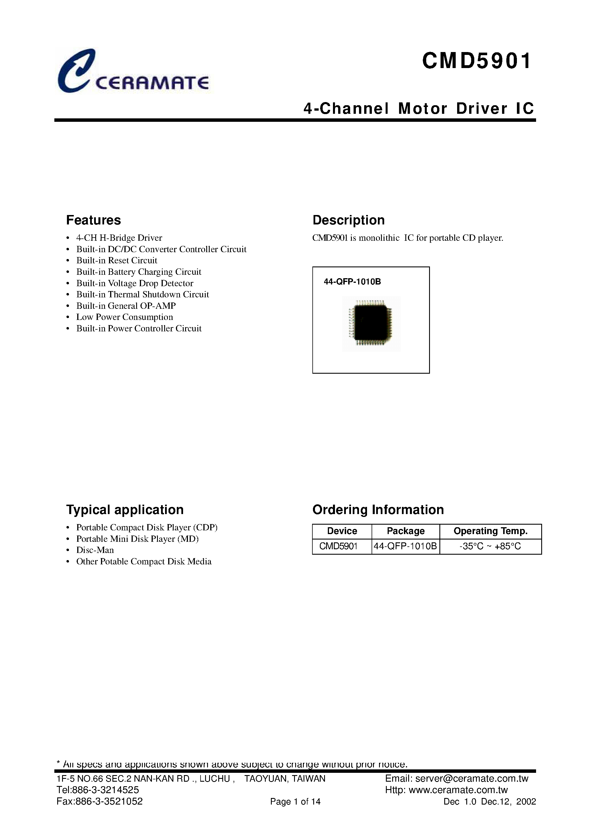 Datasheet CMD5901 - 4-Channel Motor Driver IC page 1