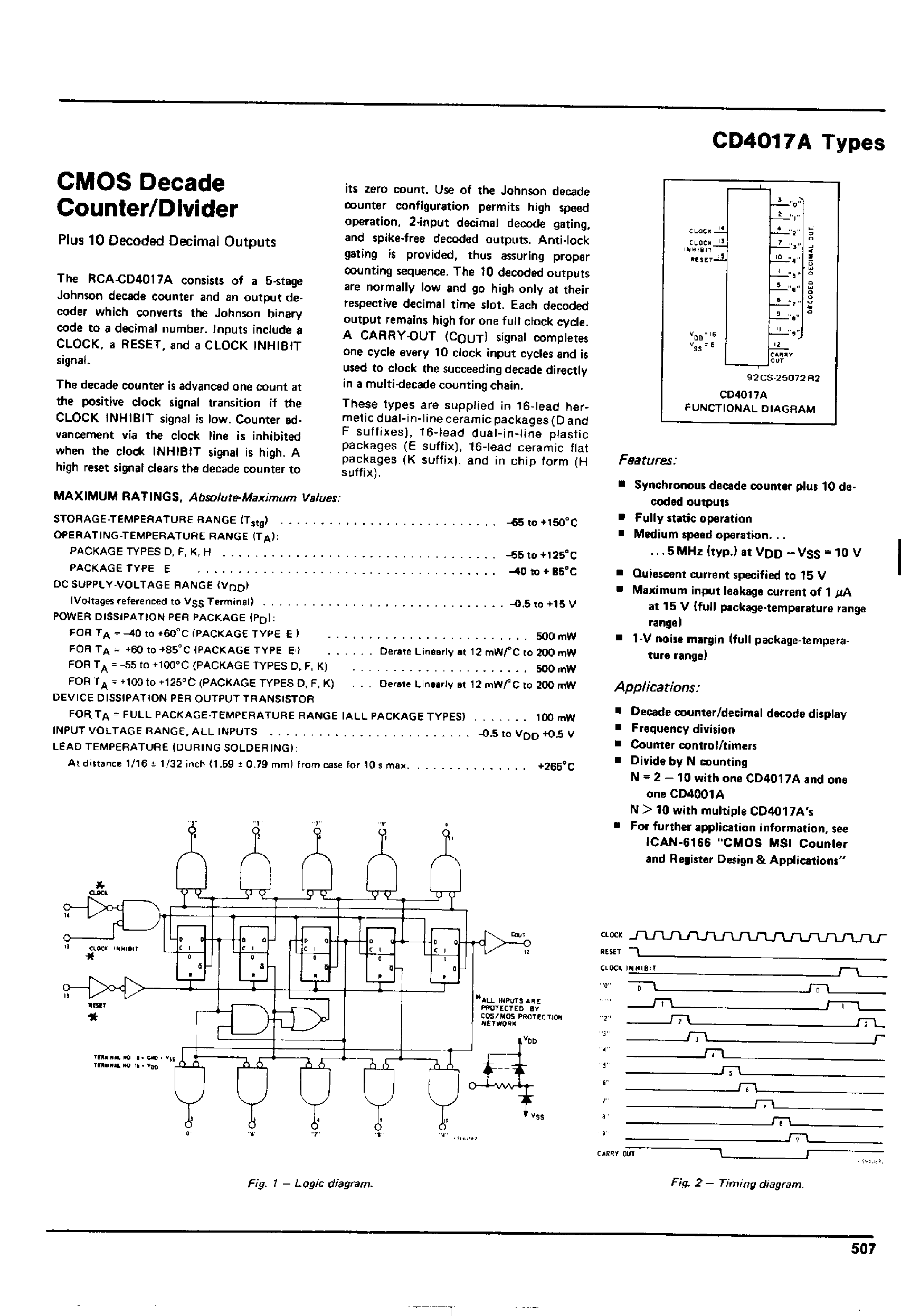 Datasheet CD4017A page 1 Datasheet CD4017A - CMOS Decade Counter / Divider page 1