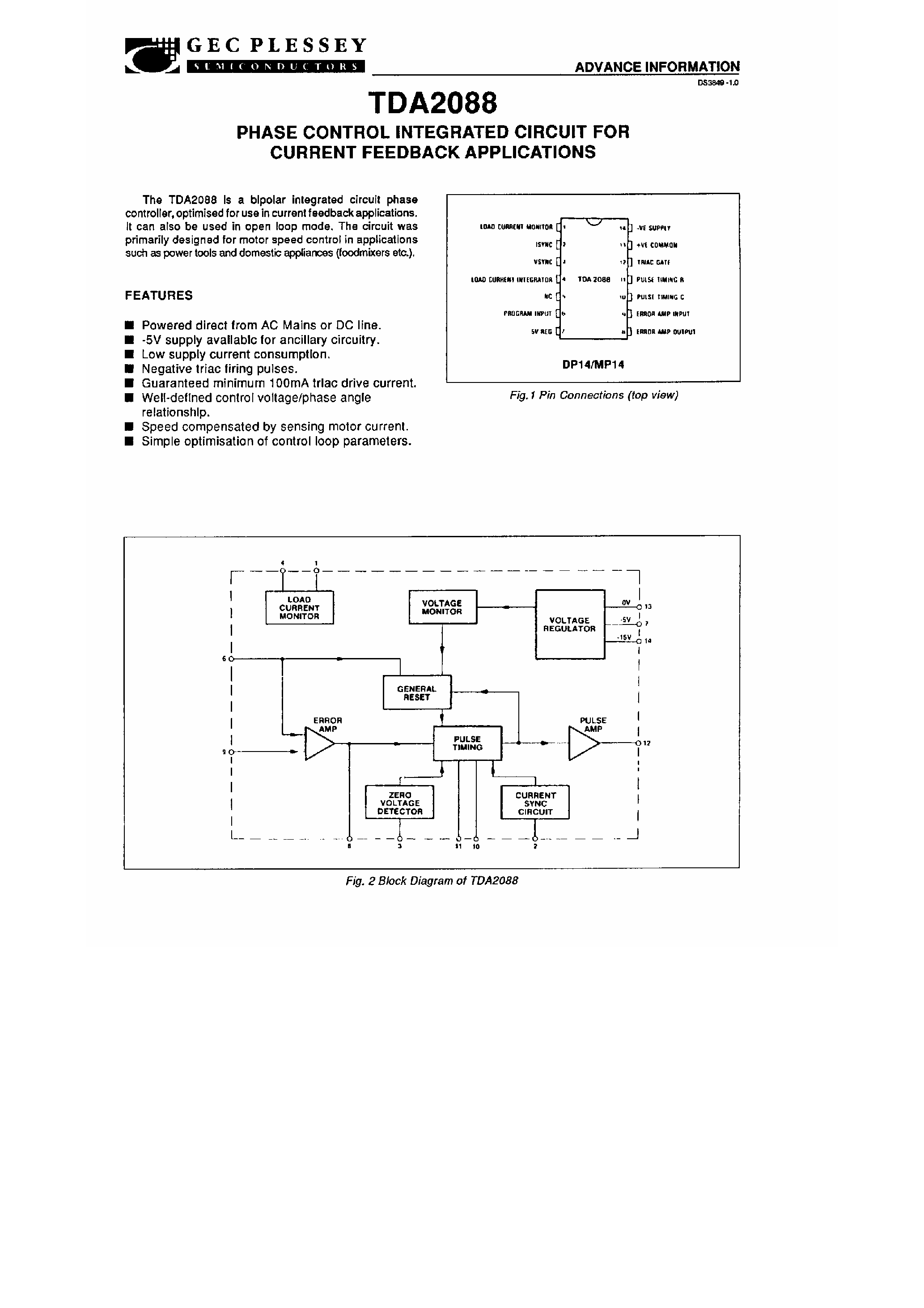Datasheet TDA2088 - Phase Control Integrated Circuit for Current Feedback Applications page 1