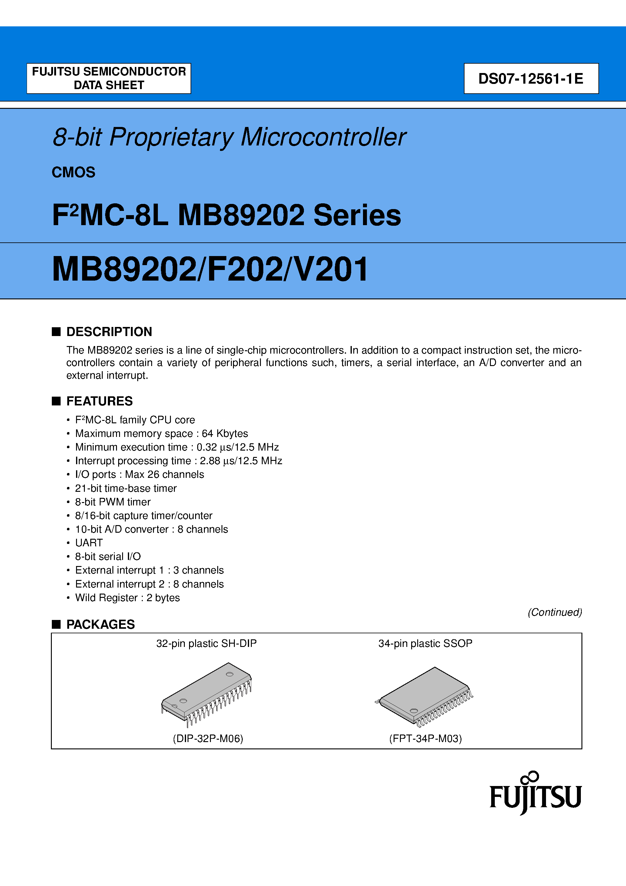 Datasheet MB89F202 page 1 Datasheet MB89F202 - 8-Bit Proprietary Microcontroller page 1