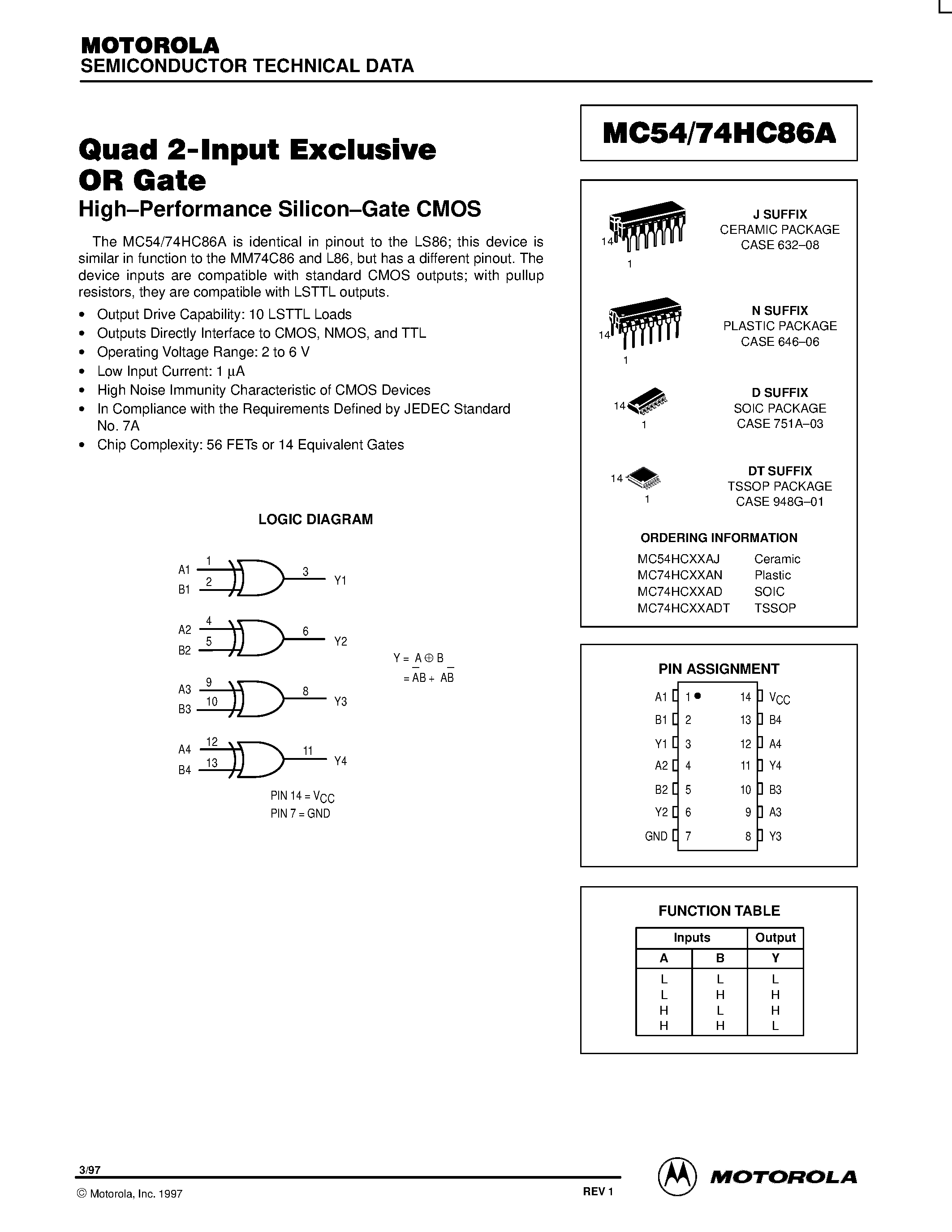 Даташит MC74HC86A - Quad 2-Input Exclusive OR Gate страница 1